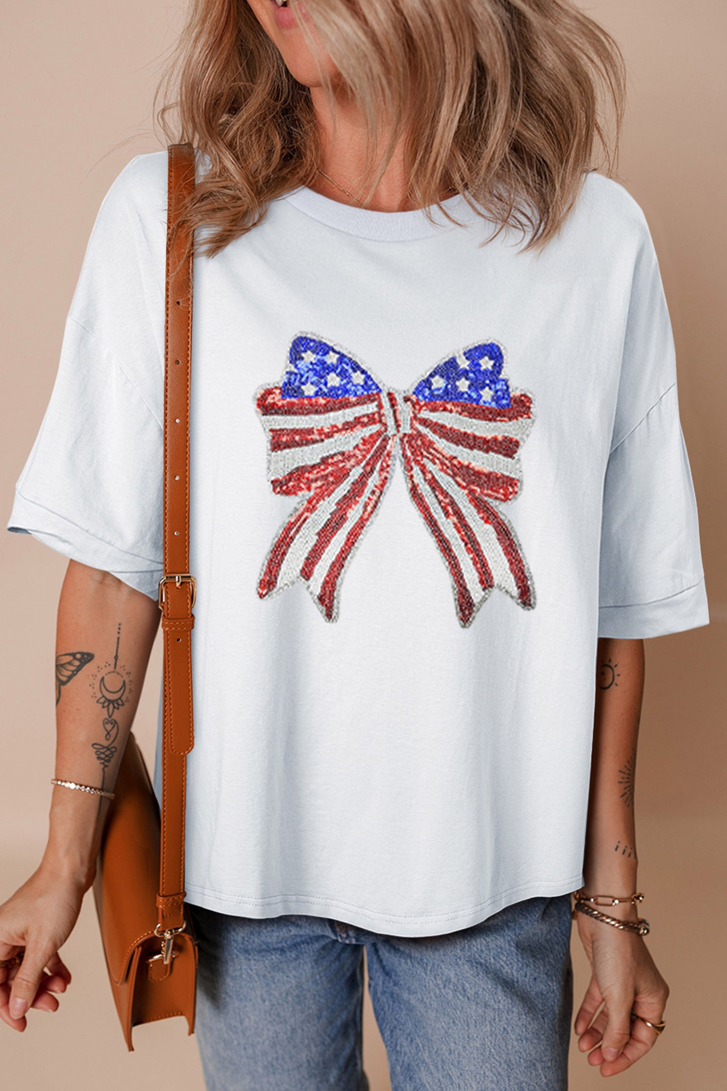 White Patriotic Sequin Bow Graphic Oversized Tee-Graphic/Graphic Tees-[Adult]-[Female]-2022 Online Blue Zone Planet