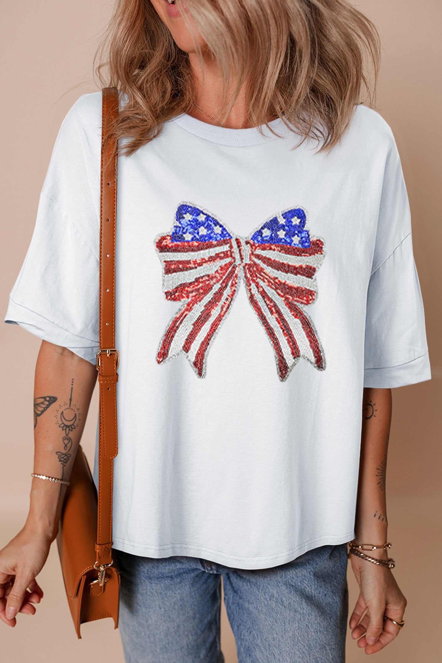 White Patriotic Sequin Bow Graphic Oversized Tee-Graphic/Graphic Tees-[Adult]-[Female]-2022 Online Blue Zone Planet