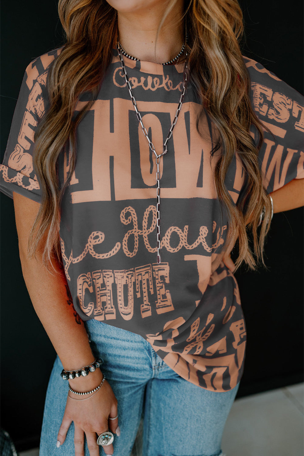 Dark Grey Howdy Cowboy Letter Printed Western Fashion Tee-Tops/Tops & Tees-[Adult]-[Female]-Dark Grey-S-2022 Online Blue Zone Planet