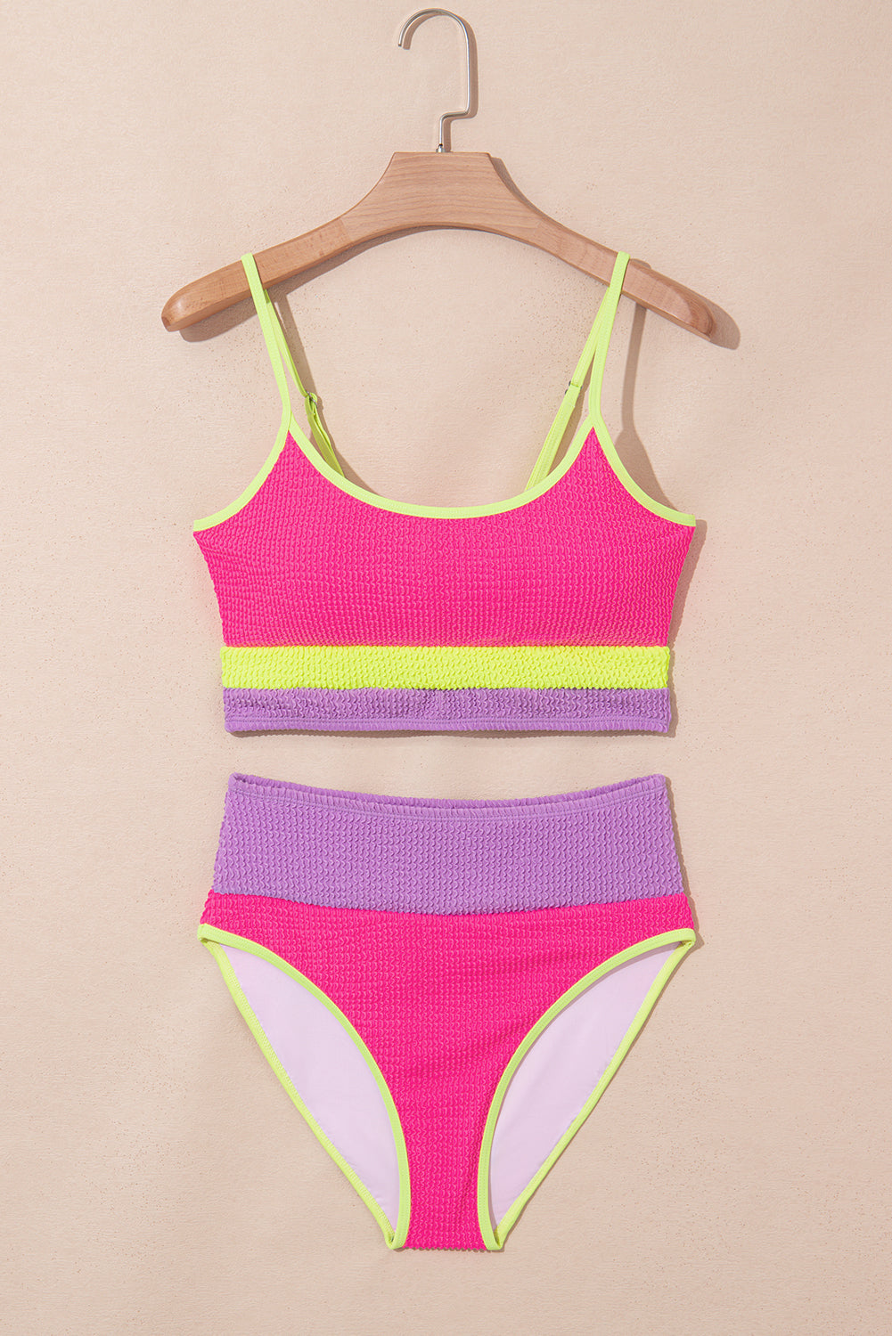 Rose Red Color Block High Waisted Sexy Bikini Set-Swimwear/High Waisted Swimsuit-[Adult]-[Female]-2022 Online Blue Zone Planet