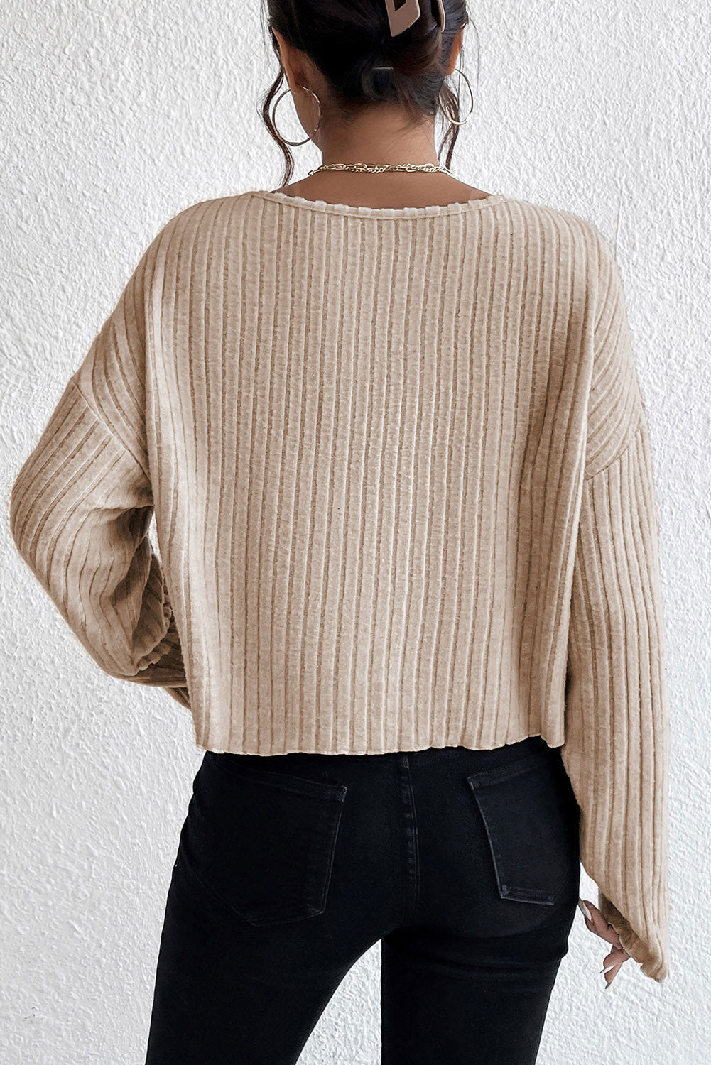 Beige Lettuce Cuffs Drop Shoulder Loose Ribbed Knit Top-Sale (50% OFF)/30% OFF-[Adult]-[Female]-2022 Online Blue Zone Planet