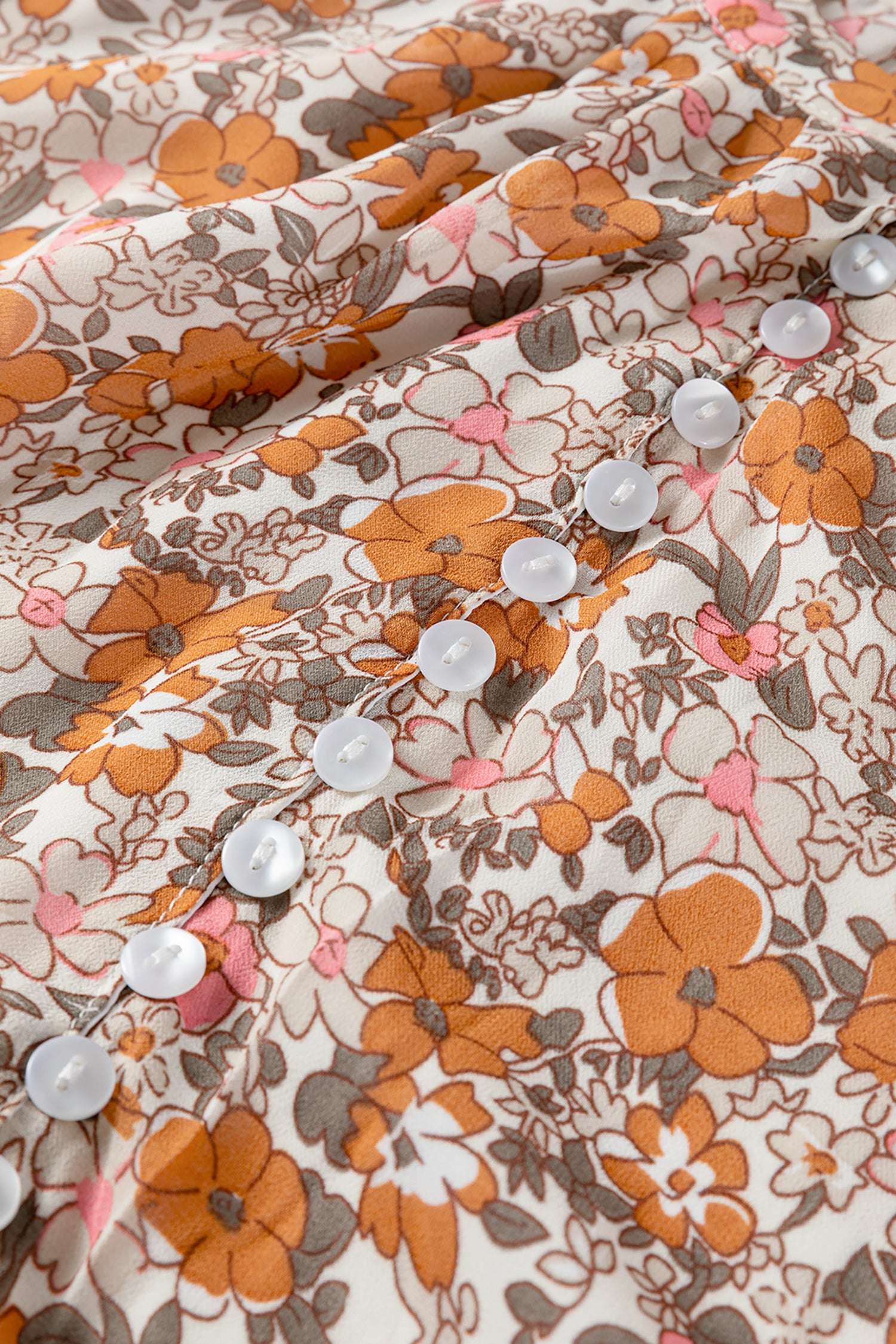 Orange Bohemian Floral Puff Sleeve Full Button Shirt-Tops/Blouses & Shirts-[Adult]-[Female]-2022 Online Blue Zone Planet