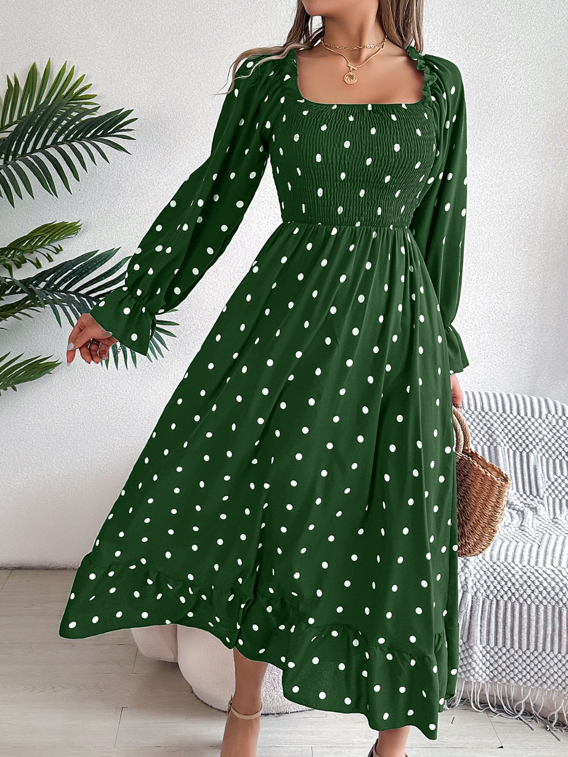 Polka Dot Flounce Sleeve Midi Dress-TOPS / DRESSES-[Adult]-[Female]-Dark Green-S-2022 Online Blue Zone Planet