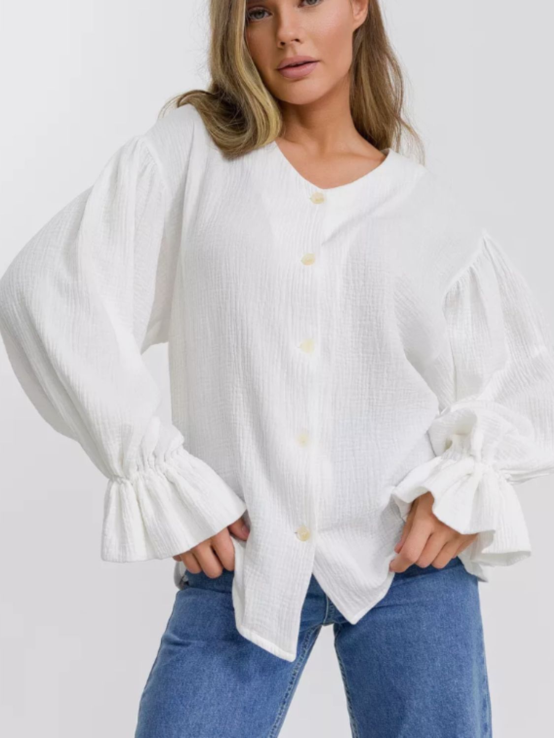 Button Up Flounce Sleeve Shirt-TOPS / DRESSES-[Adult]-[Female]-White-S-2022 Online Blue Zone Planet