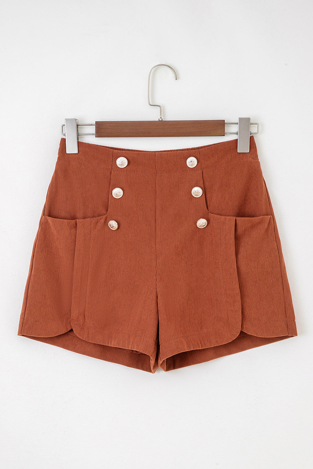 Clay Button Decor Scalloped Edge High Waist Corduroy Shorts-Bottoms/Casual Shorts-[Adult]-[Female]-2022 Online Blue Zone Planet