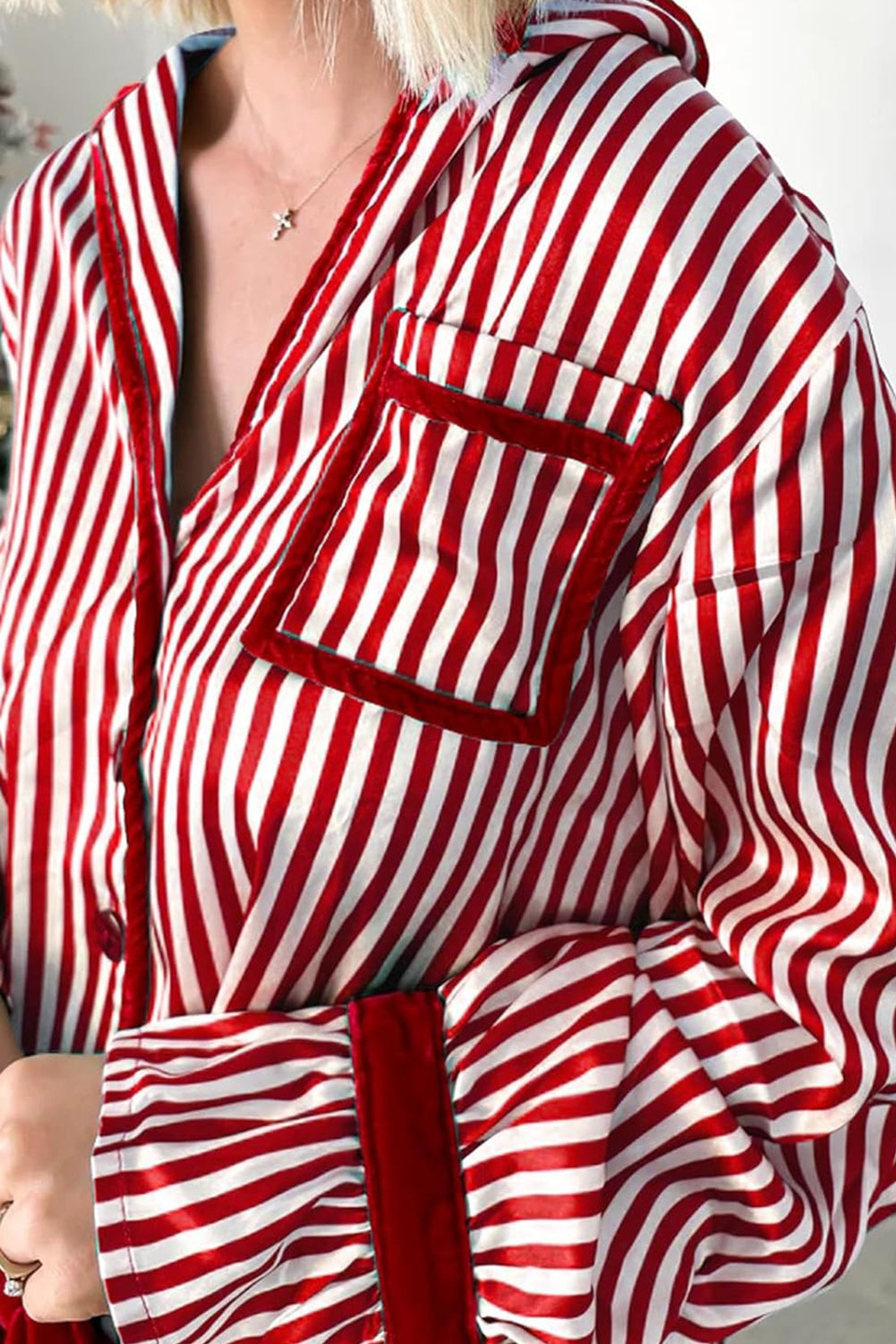 Red Striped Contrast Velvet Trim Knot Waist Pajama Set-Loungewear Set-[Adult]-[Female]-2022 Online Blue Zone Planet