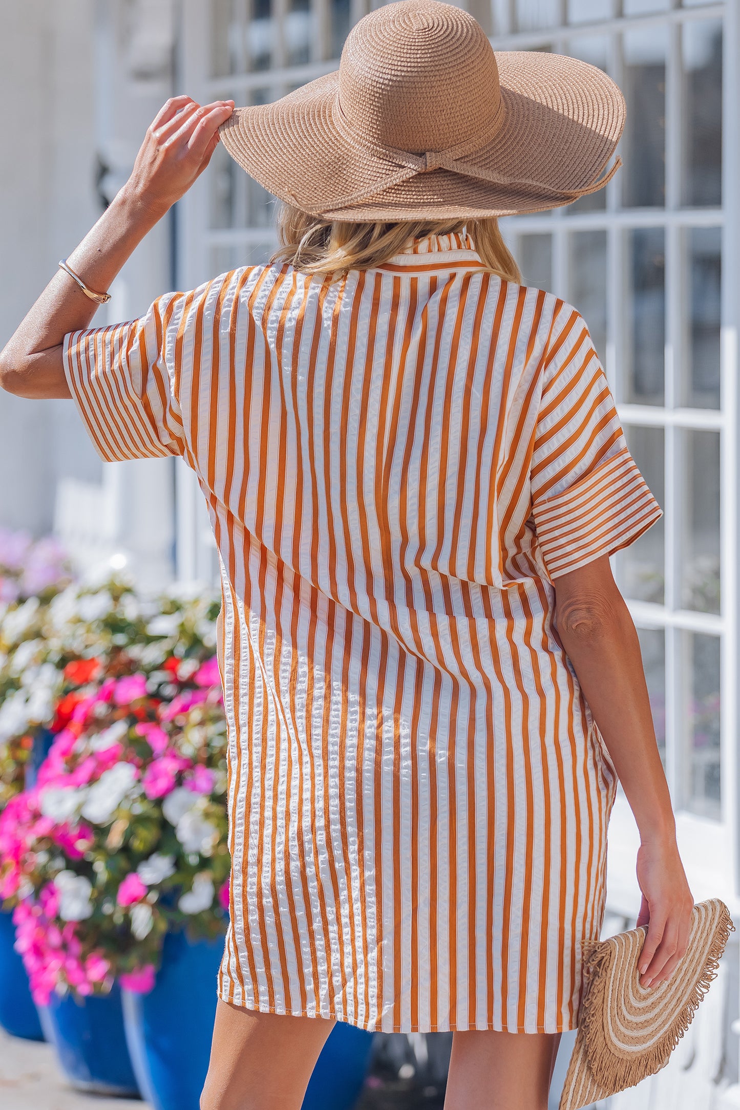 Brown Stripe Pinched V Neck Turn-up Cuffs Shift Mini Dress-TOPS / DRESSES-[Adult]-[Female]-2022 Online Blue Zone Planet