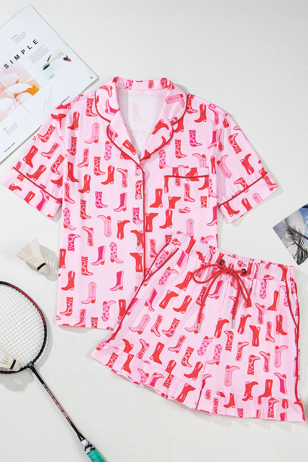 Pink Western Cowgirl Boots Printed Shirt Ruffled Shorts Pajama Set-Loungewear & Sleepwear/Sleepwear-[Adult]-[Female]-2022 Online Blue Zone Planet
