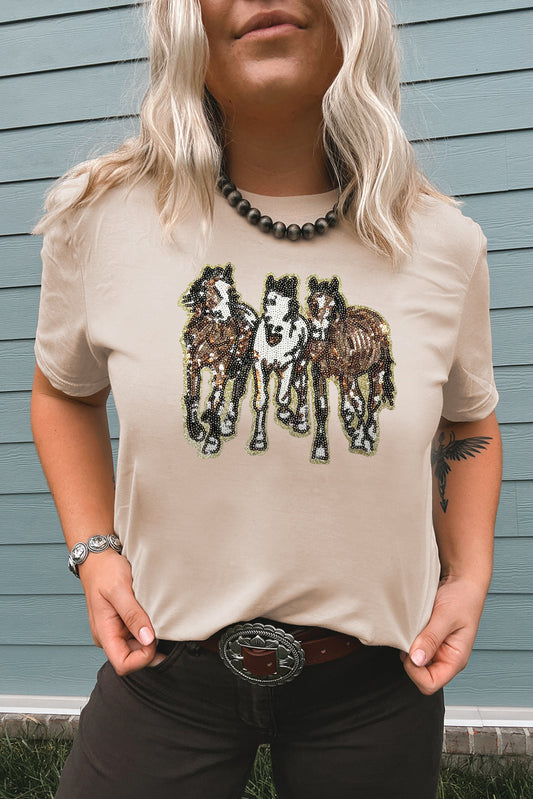 Khaki Sequin Horses Patched Casual Crewneck T Shirt-Graphic/Graphic Tees-[Adult]-[Female]-Khaki-S-2022 Online Blue Zone Planet