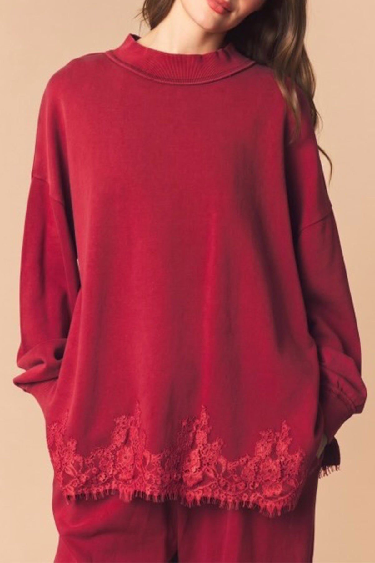 Fushia Solid Color Lace Splicing Hem Mock Neck Pullover Sweatshirt-Tops/Sweatshirts & Hoodies-[Adult]-[Female]-2022 Online Blue Zone Planet