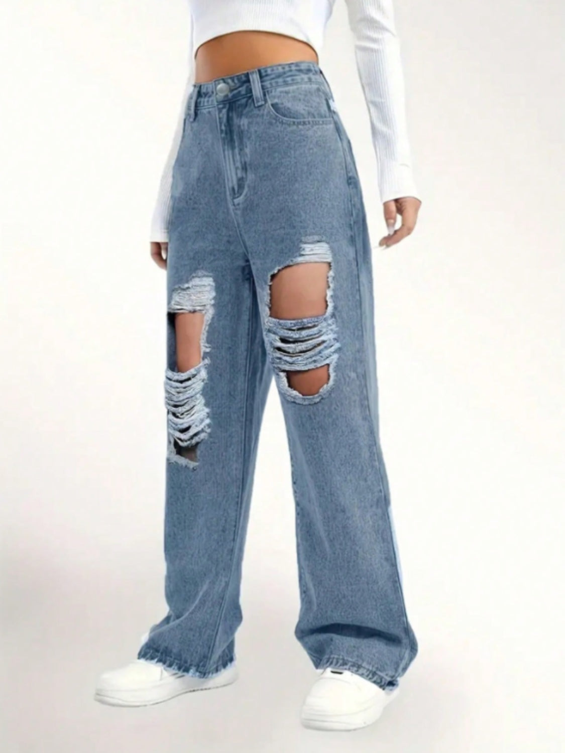 Distressed Wide Leg Jeans-BOTTOMS SIZES SMALL MEDIUM LARGE-[Adult]-[Female]-2022 Online Blue Zone Planet