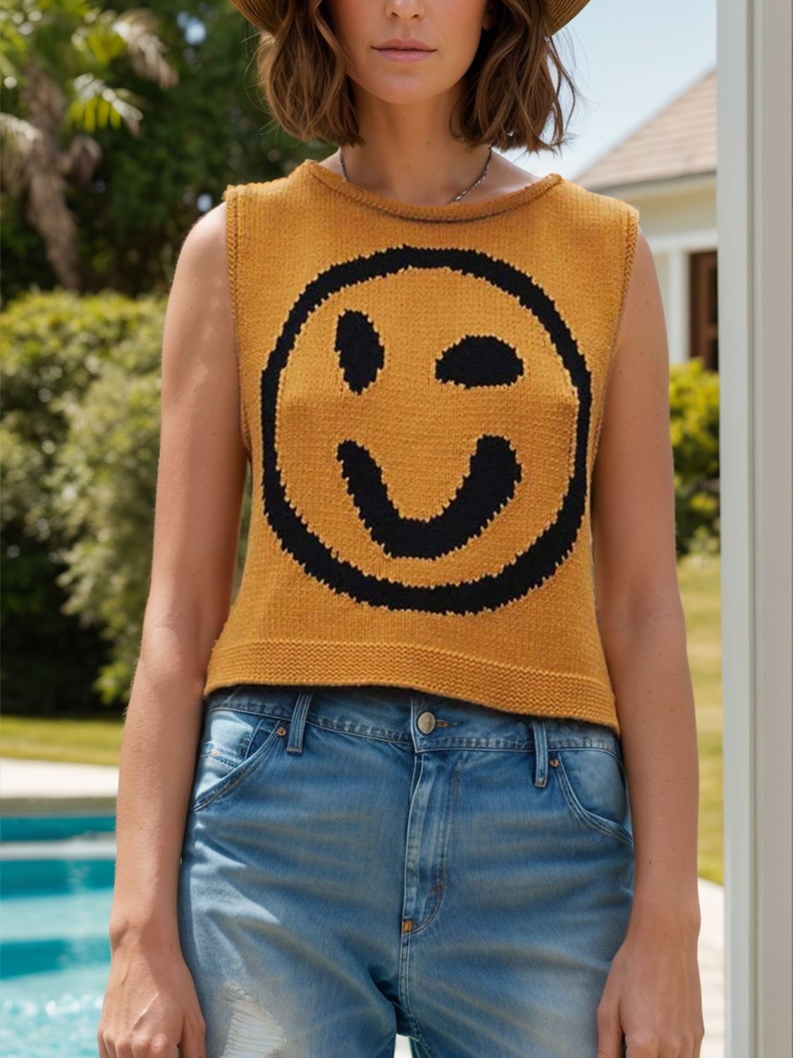 Smiley Round Neck Sweater Vest-TOPS / DRESSES-[Adult]-[Female]-Mustard-S-2022 Online Blue Zone Planet