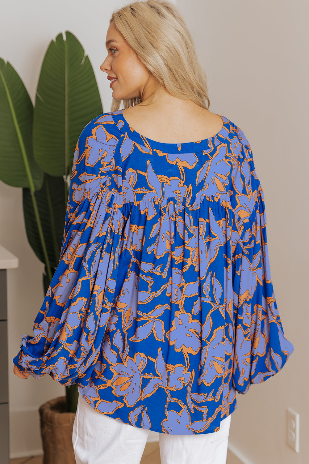 Blue Zone Planet | Blue Floral Print Batwing Sleeve Buttoned Loose Fit Shirt-Tops/Blouses & Shirts-[Adult]-[Female]-2022 Online Blue Zone Planet