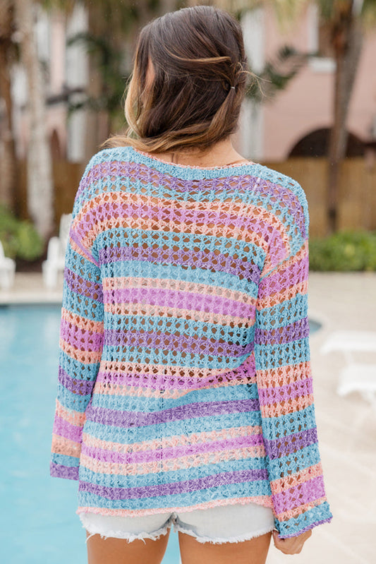 Purple Striped Hollow Knit Summer Beach Cover Up-Cover-ups-[Adult]-[Female]-2022 Online Blue Zone Planet