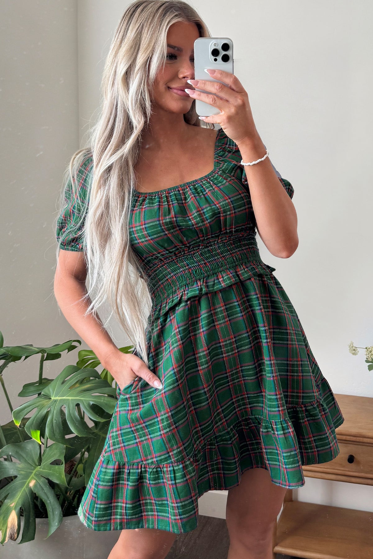 Green Plaid Shirred U Neck Short Sleeve Mini Dress-TOPS / DRESSES-[Adult]-[Female]-2022 Online Blue Zone Planet