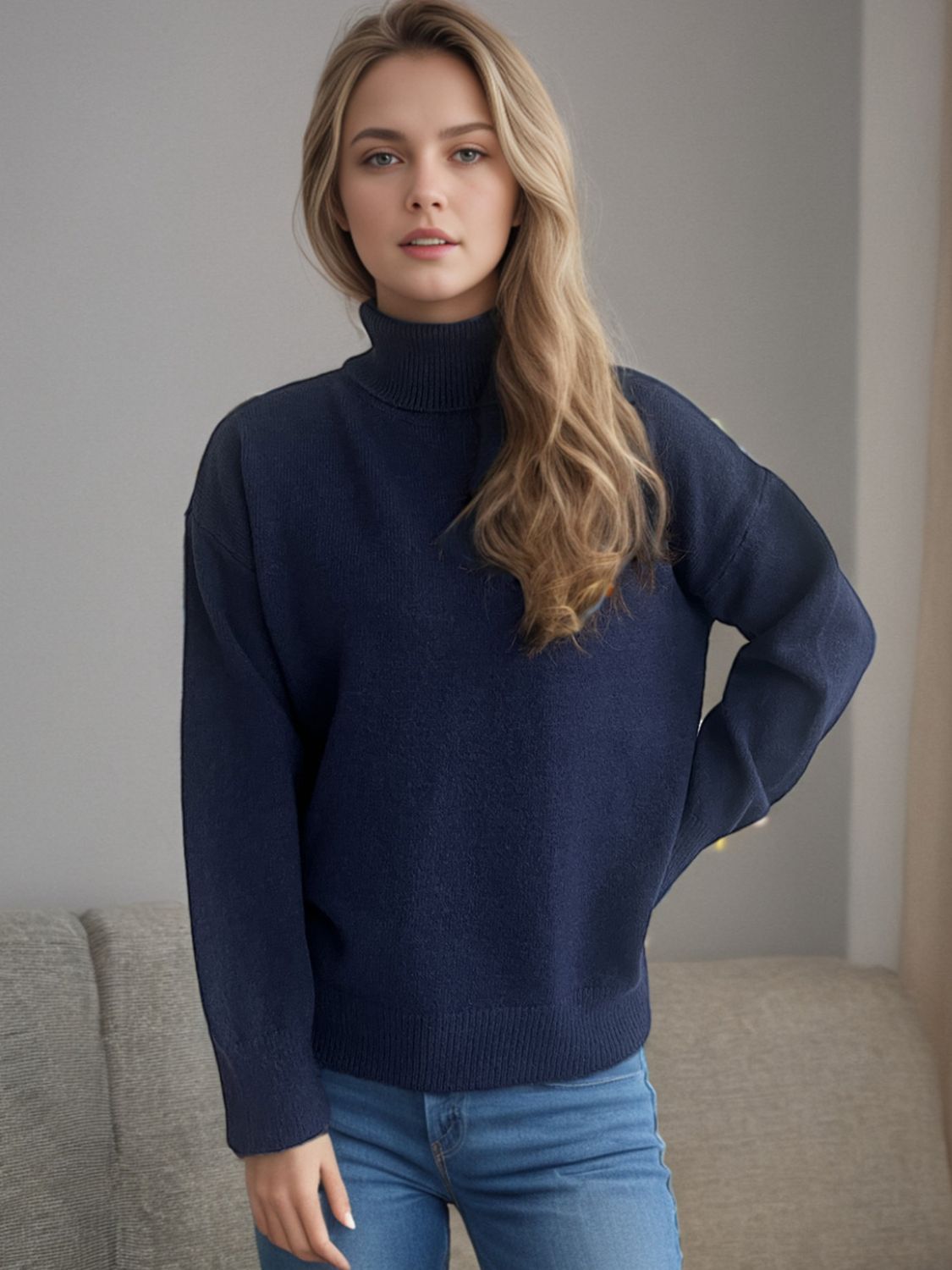 Blue Zone Planet | Turtleneck Dropped Shoulder Long Sleeve Sweater-TOPS / DRESSES-[Adult]-[Female]-2022 Online Blue Zone Planet