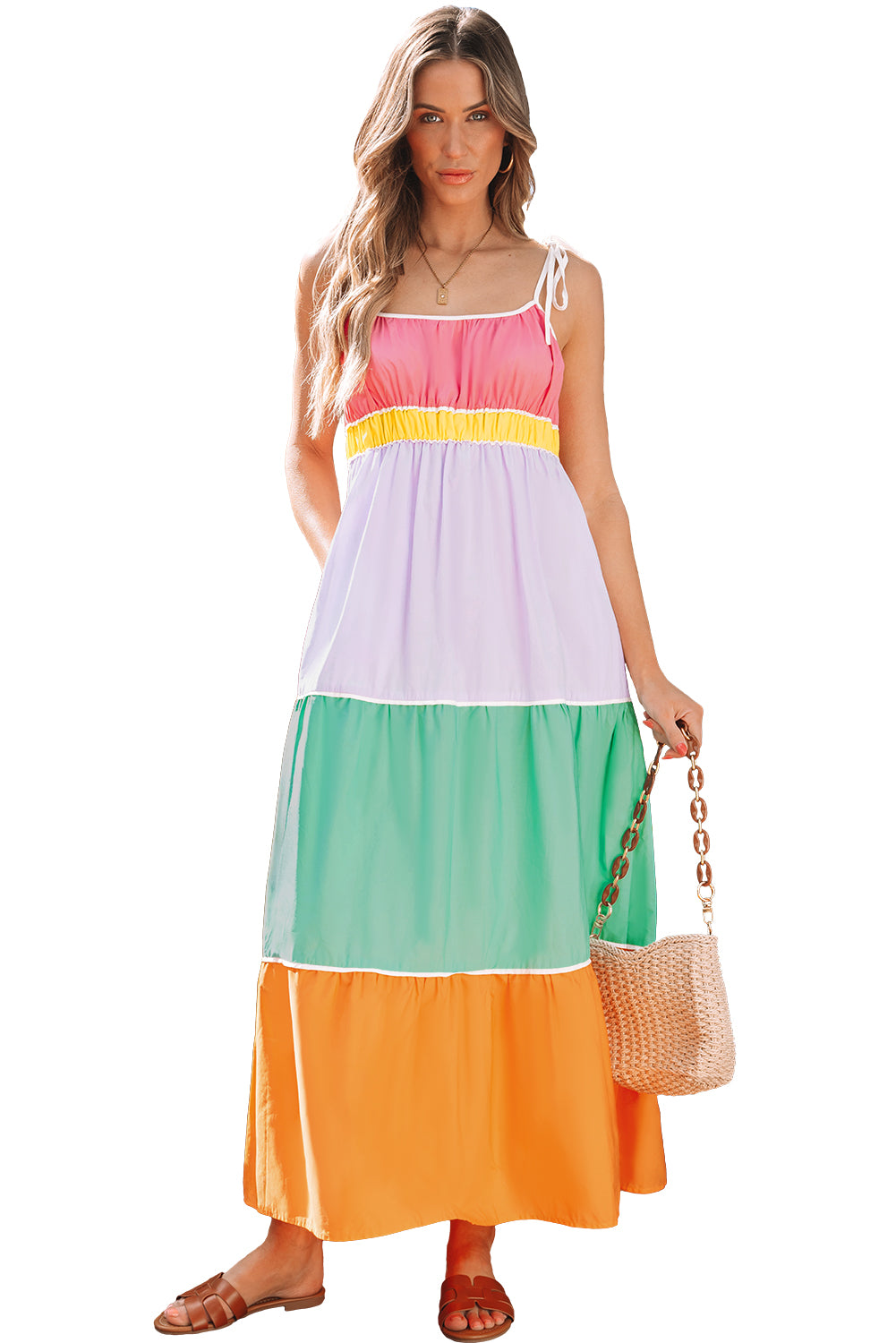 Multicolour Colorblock Self-tie Straps High Waist Flowy Maxi Dress with Pockets-Dresses/Maxi Dresses-[Adult]-[Female]-2022 Online Blue Zone Planet