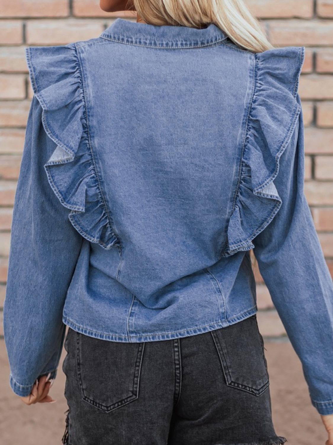 Ruffled Collared Neck Long Sleeve Denim Top-TOPS / DRESSES-[Adult]-[Female]-2022 Online Blue Zone Planet