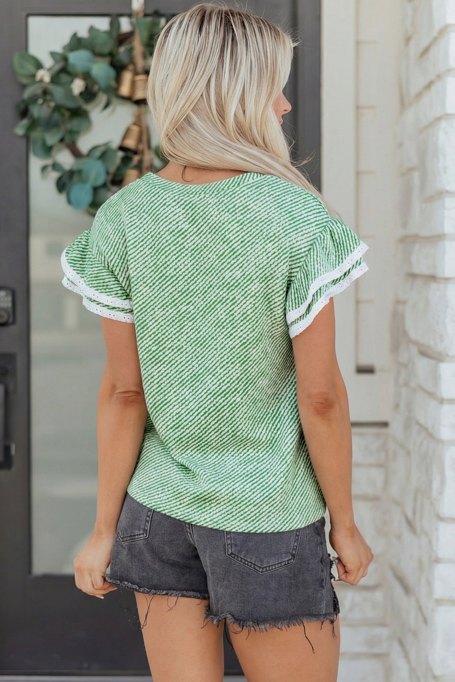 Clearly Aqua Twilled Print Lace Trim Ruffled Short Sleeve Blouse-Tops/Blouses & Shirts-[Adult]-[Female]-2022 Online Blue Zone Planet