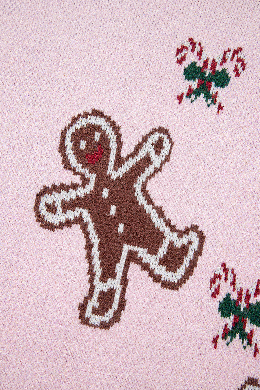 Pink Christmas Ginger Bread Man Print Round Neck Casual Sweater-Sweaters & Cardigans/Sweaters-[Adult]-[Female]-2022 Online Blue Zone Planet