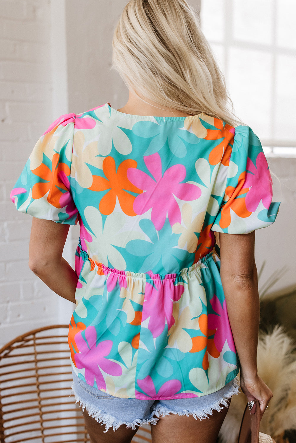 Pink Floral Print Bubble Sleeve V Neck Peplum Blouse-Tops/Blouses & Shirts-[Adult]-[Female]-2022 Online Blue Zone Planet