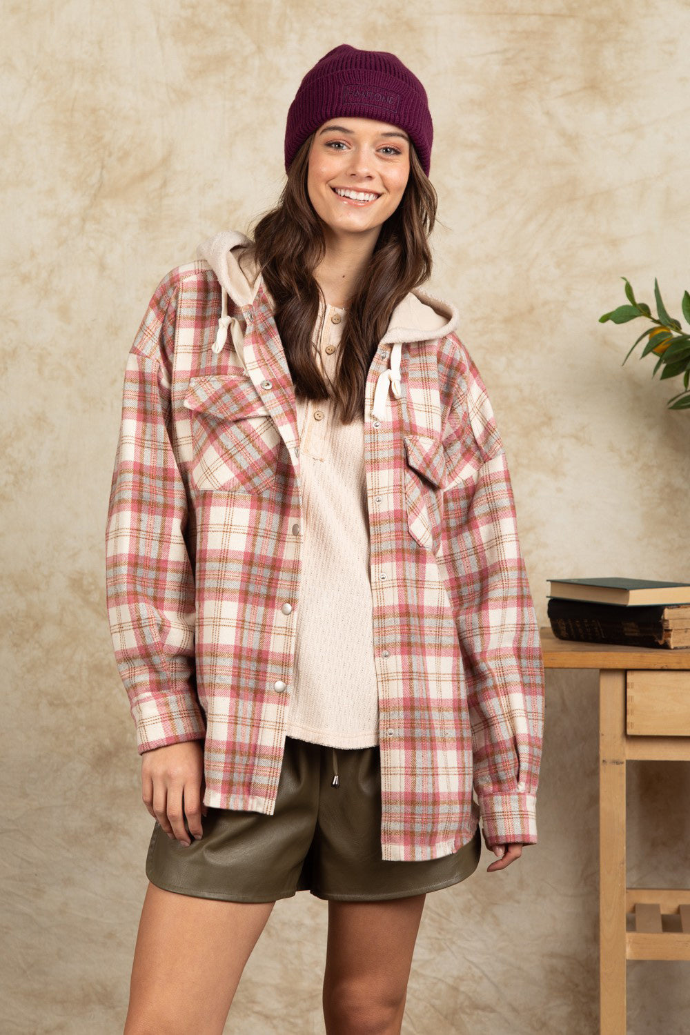 Drawstring Plaid Long Sleeve Hooded Jacket-TOPS / DRESSES-[Adult]-[Female]-Dusty Pink-S-2022 Online Blue Zone Planet