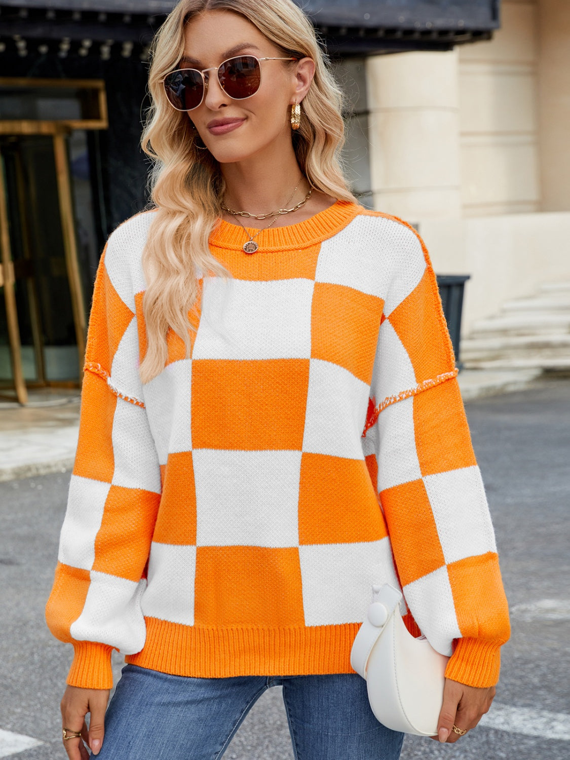 Checkered Round Neck Long Sleeve Sweater-TOPS / DRESSES-[Adult]-[Female]-Tangerine-S-2022 Online Blue Zone Planet