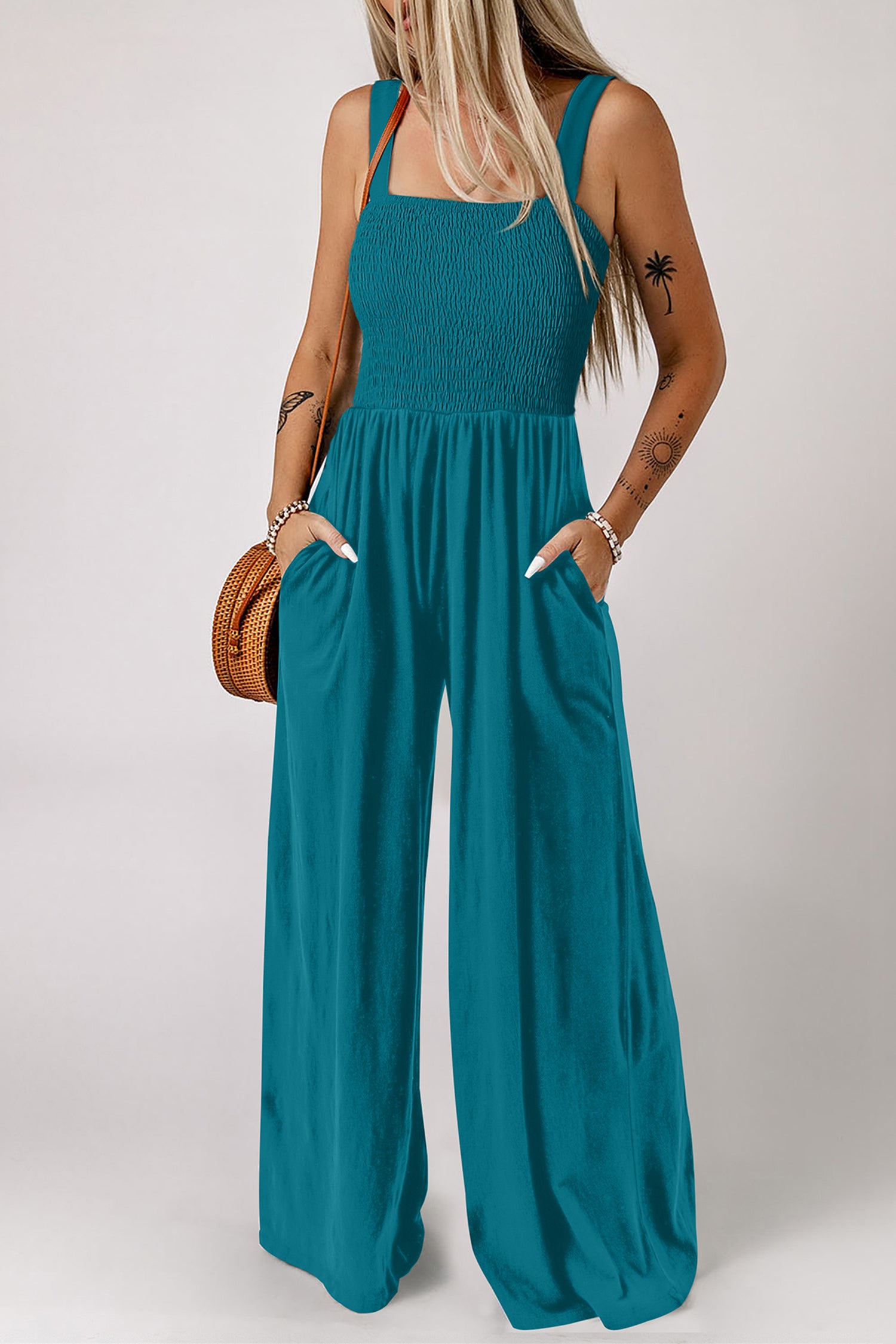 Peacock Blue Smocked Square Neck Sleeveless Jumpsuit with Pockets-Bottoms/Jumpsuits & Rompers-[Adult]-[Female]-Peacock Blue-XS-2022 Online Blue Zone Planet