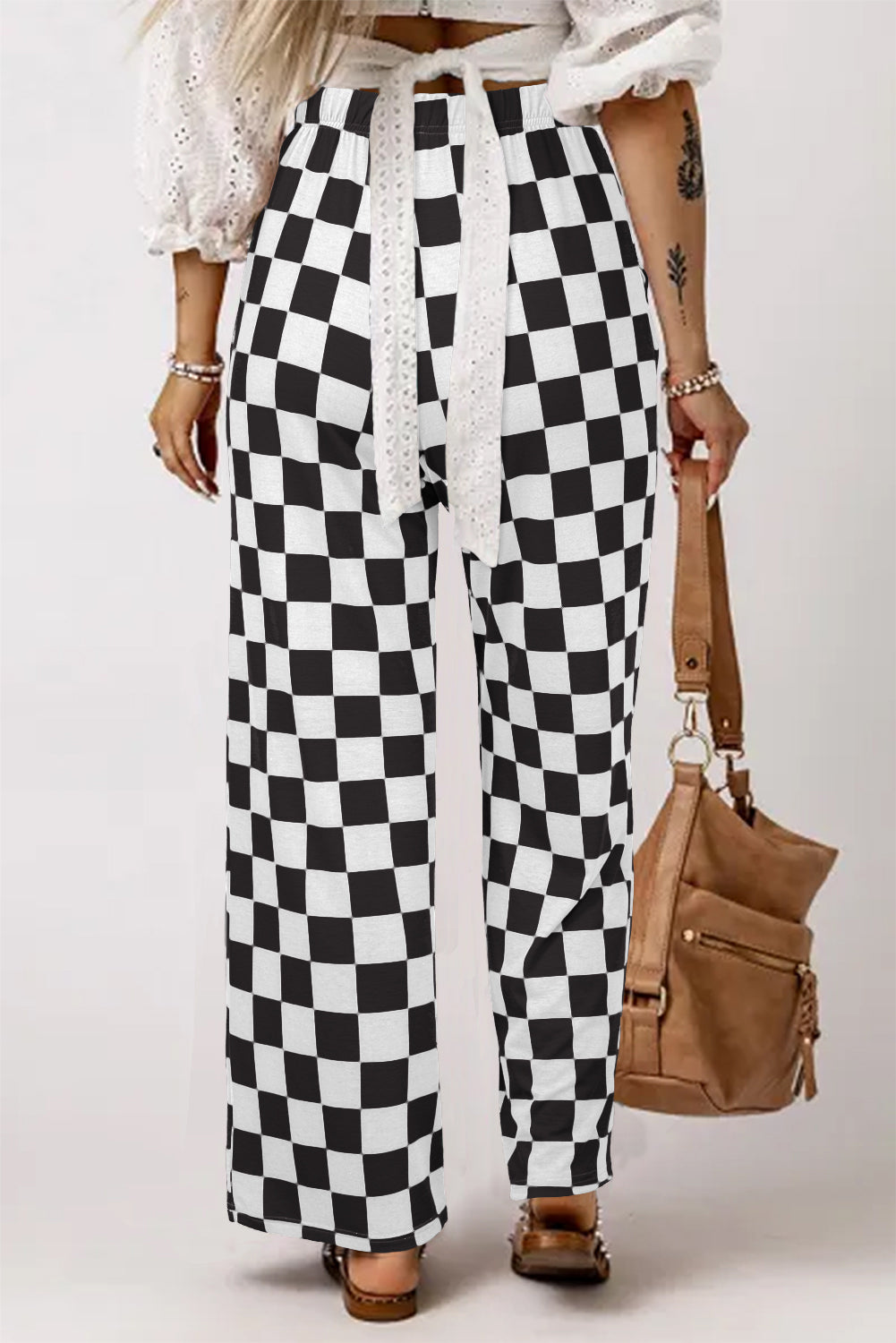 Blue Zone Planet | Black 2-Tone Checked Print High Waist Wide Leg Pants-Bottoms/Pants & Culotte-[Adult]-[Female]-2022 Online Blue Zone Planet