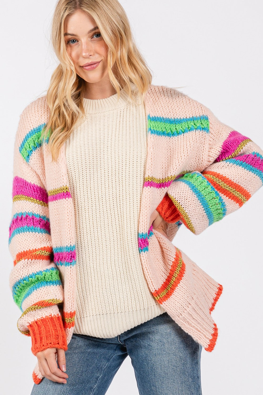 SAGE + FIG Rainbow Striped Open Front Knit Cardigan-TOPS / DRESSES-[Adult]-[Female]-2022 Online Blue Zone Planet