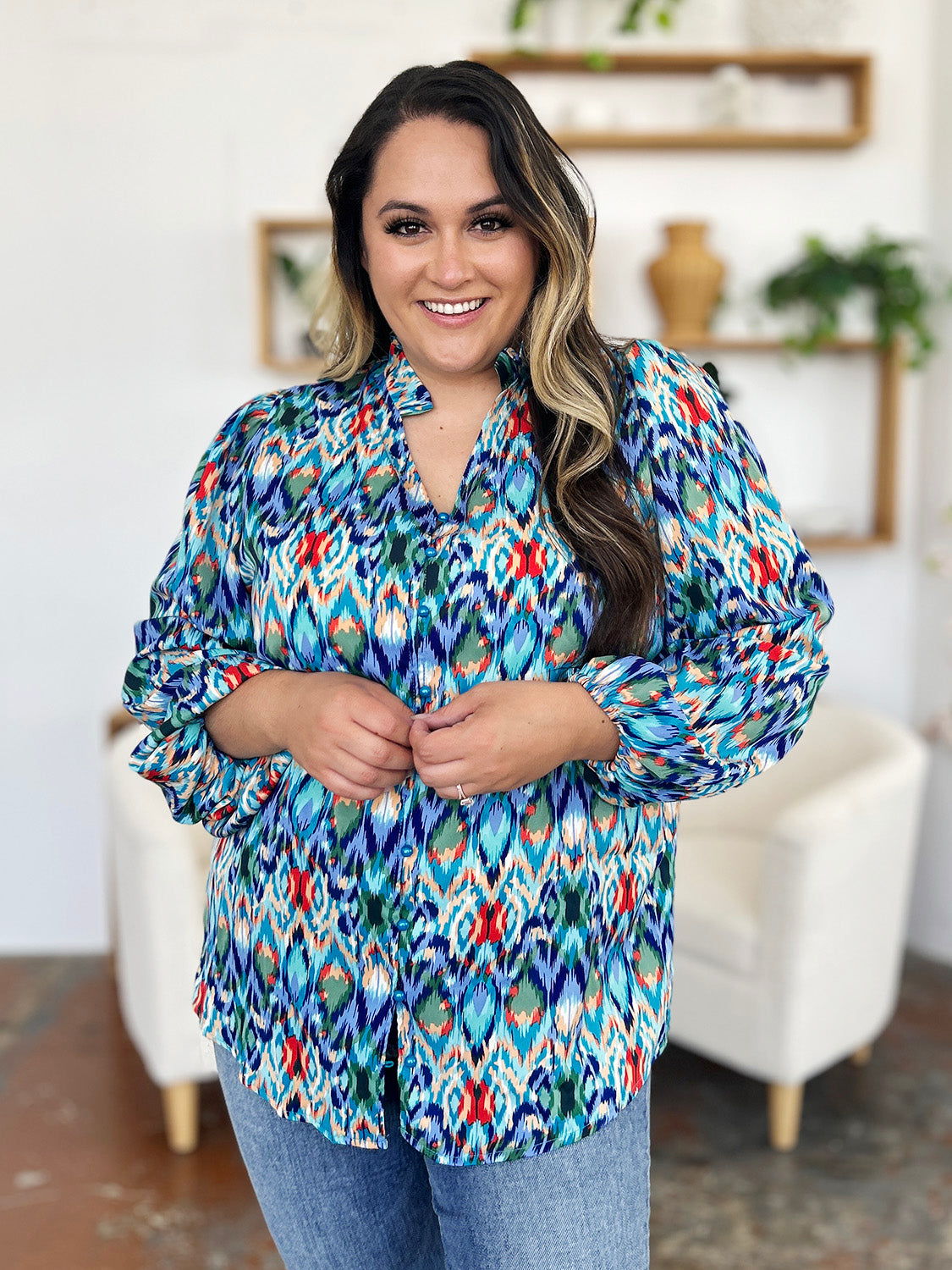 Blue Zone Planet | Double Take Full Size Printed Balloon Sleeve Blouse-TOPS / DRESSES-[Adult]-[Female]-2022 Online Blue Zone Planet