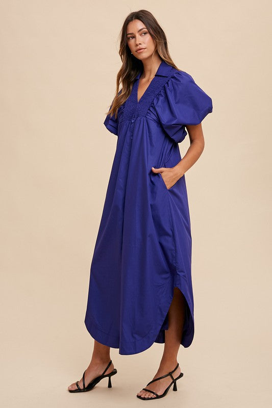 Annie Wear Smocked Puff Sleeve Midi Dress-TOPS / DRESSES-[Adult]-[Female]-2022 Online Blue Zone Planet