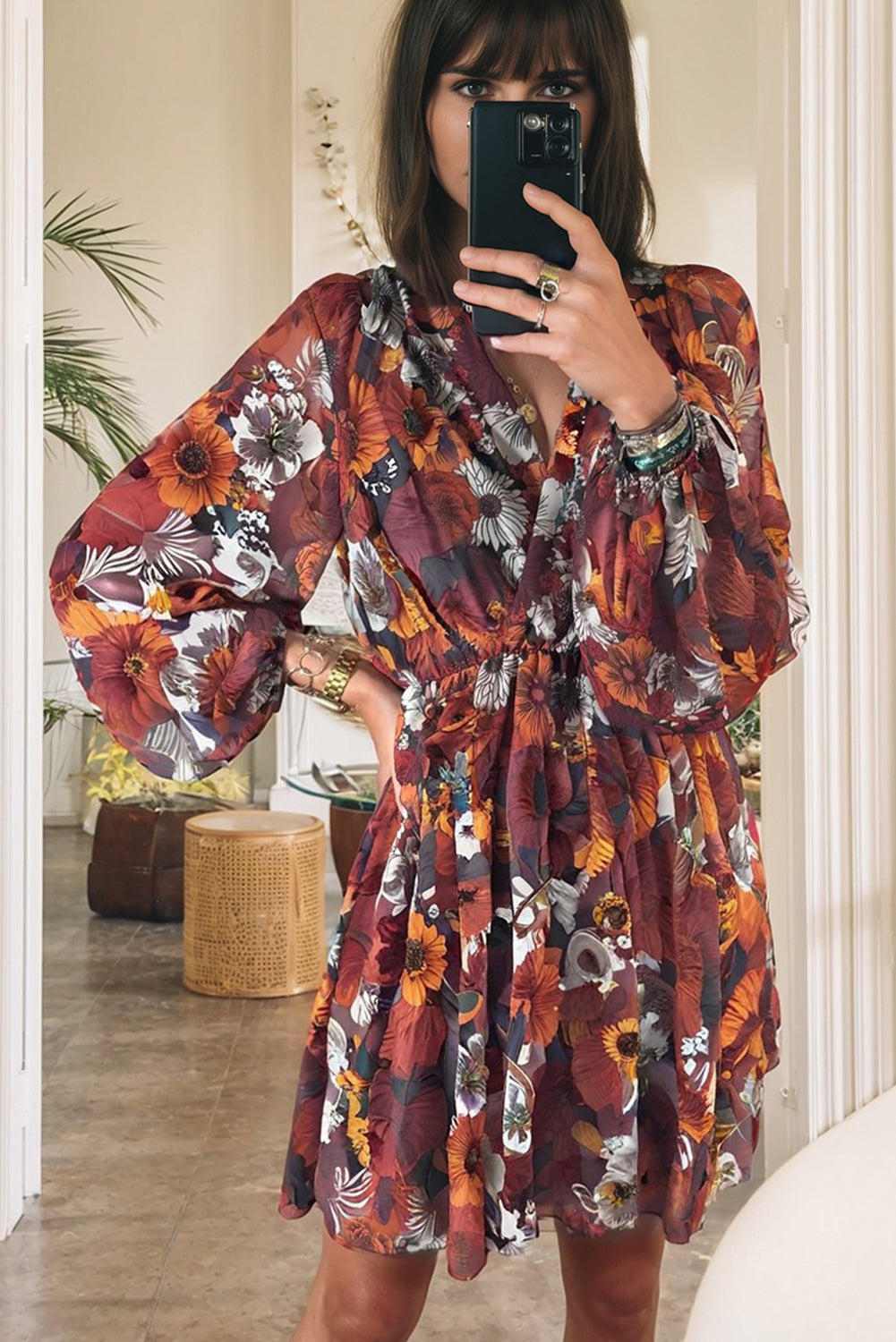 Red Floral Print Wrap V Neck Puff Sleeve Flowy Mini Dress-Dresses/Floral Dresses-[Adult]-[Female]-2022 Online Blue Zone Planet
