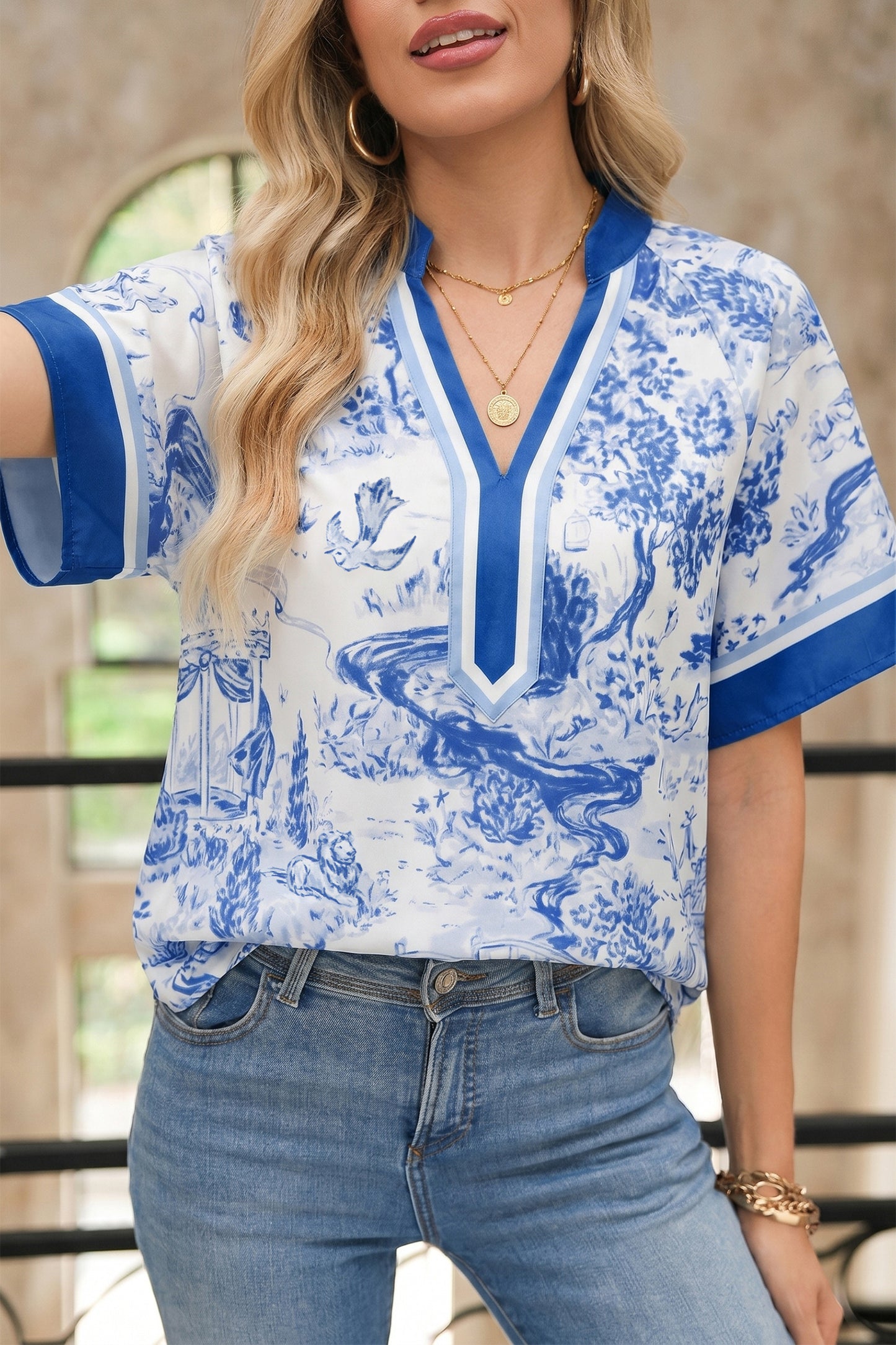 Blue Wild Animal Paradise Contrast V Neck Raglan Sleeve Blouse-Tops/Blouses & Shirts-[Adult]-[Female]-Blue-S-2022 Online Blue Zone Planet