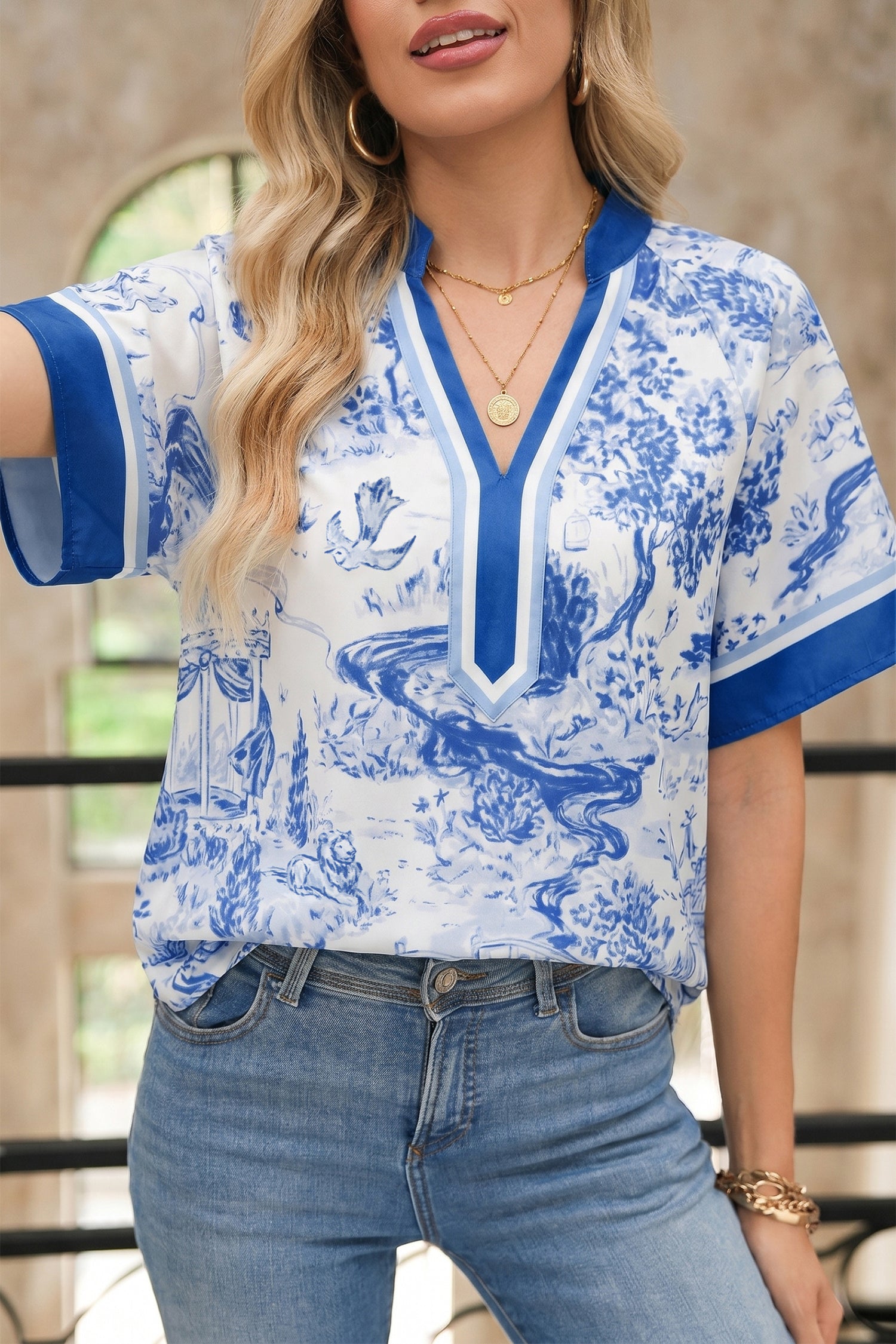 Blue Wild Animal Paradise Contrast V Neck Raglan Sleeve Blouse-Tops/Blouses & Shirts-[Adult]-[Female]-Blue-S-2022 Online Blue Zone Planet