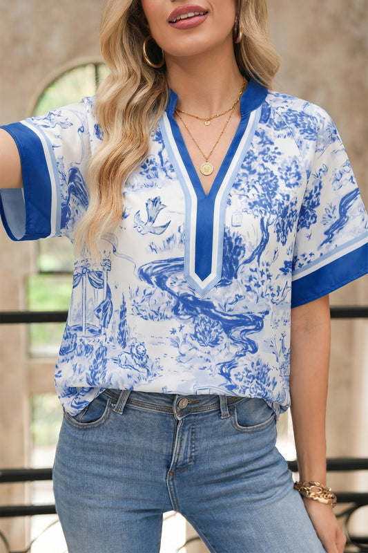 Blue Wild Animal Paradise Contrast V Neck Raglan Sleeve Blouse-Tops/Blouses & Shirts-[Adult]-[Female]-Blue-S-2022 Online Blue Zone Planet
