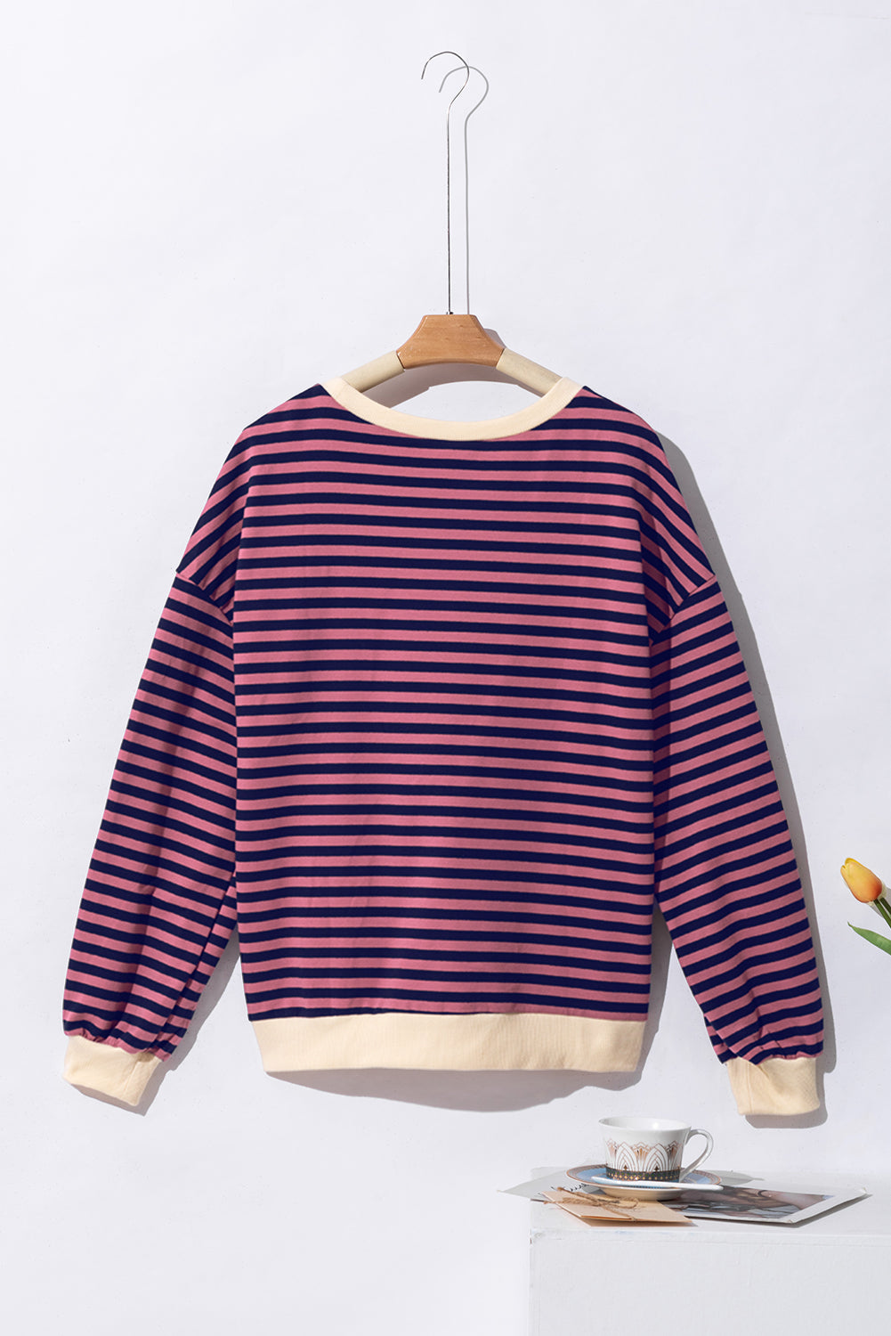 Sky Blue Stripe Oversized Contrast Trim Pullover Sweatshirt-Tops/Sweatshirts & Hoodies-[Adult]-[Female]-2022 Online Blue Zone Planet