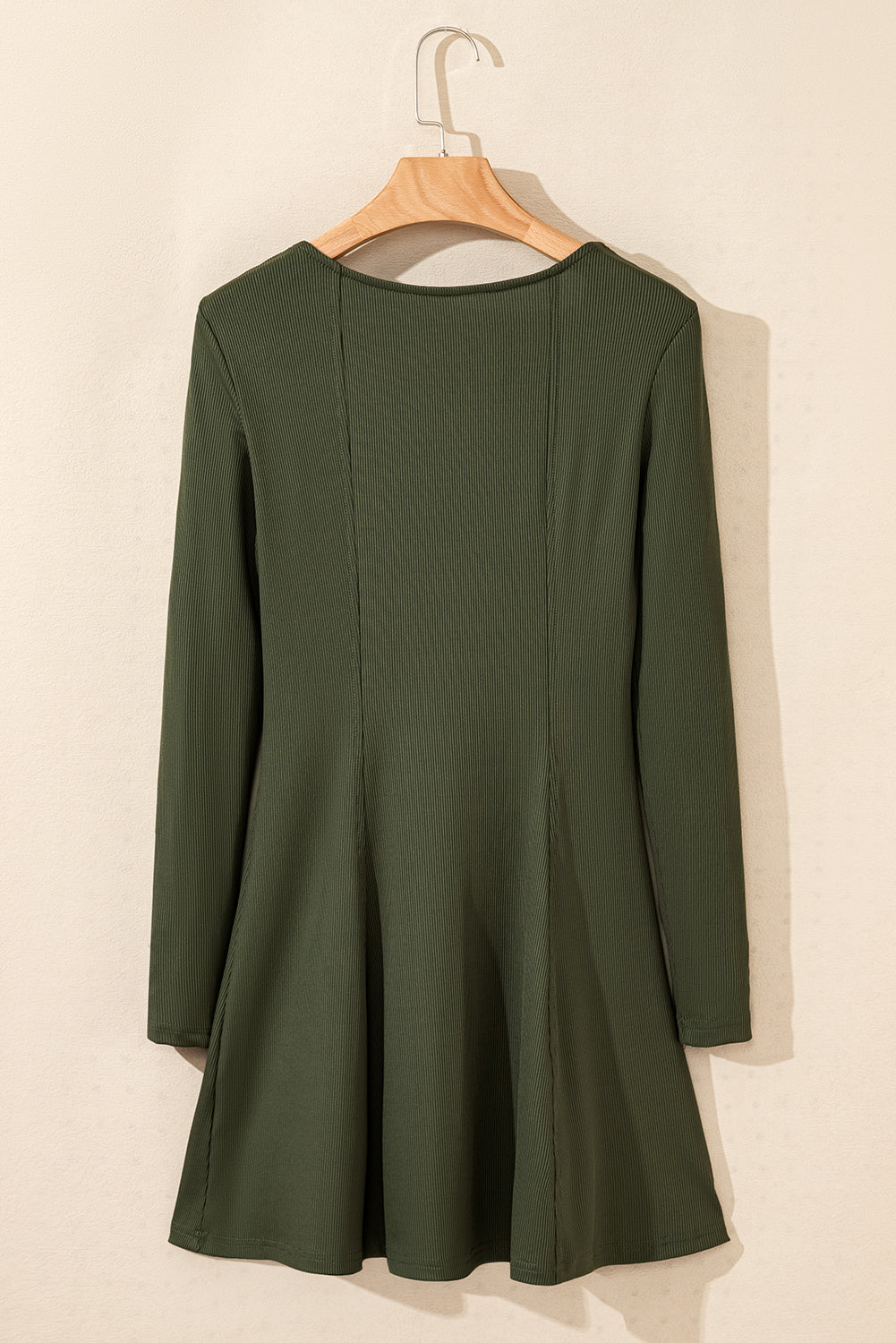 Blue Zone Planet | Guacamole Green Rib Knit Square Neck Buttoned Long Sleeve Mini Dress-TOPS / DRESSES-[Adult]-[Female]-2022 Online Blue Zone Planet