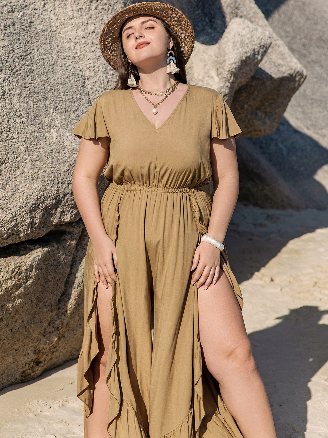 Plus Size Slit Ruffled V-Neck Jumpsuit-TOPS / DRESSES-[Adult]-[Female]-2022 Online Blue Zone Planet