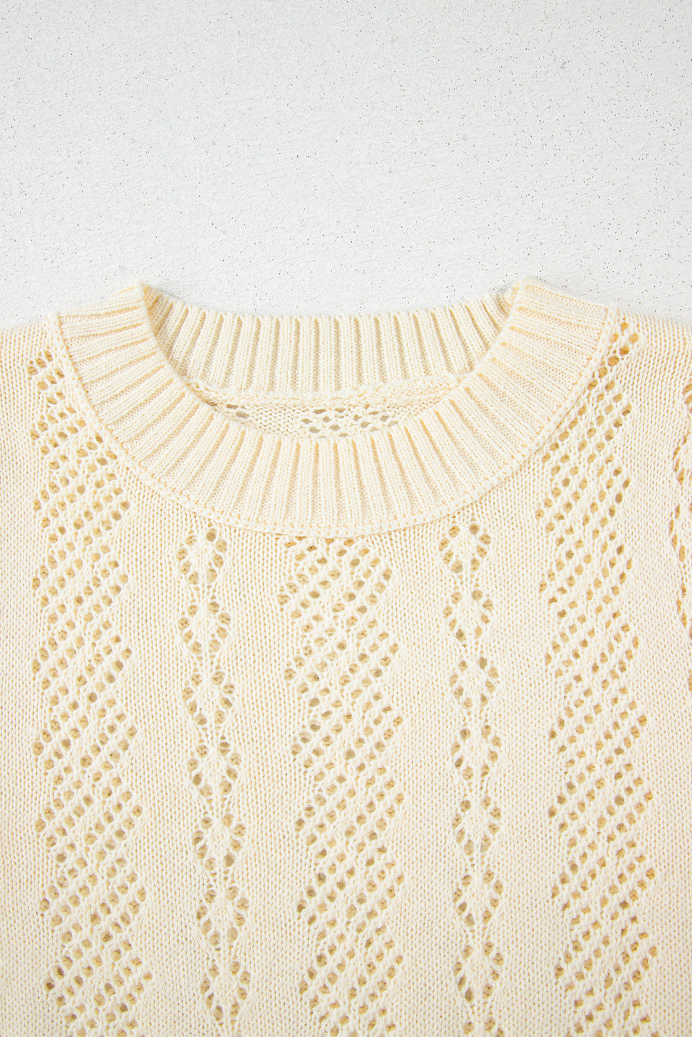 Beige Hollowed Pattern Knit Short Puff Sleeve Sweater-Sweaters & Cardigans/Short Sleeve Sweaters-[Adult]-[Female]-2022 Online Blue Zone Planet