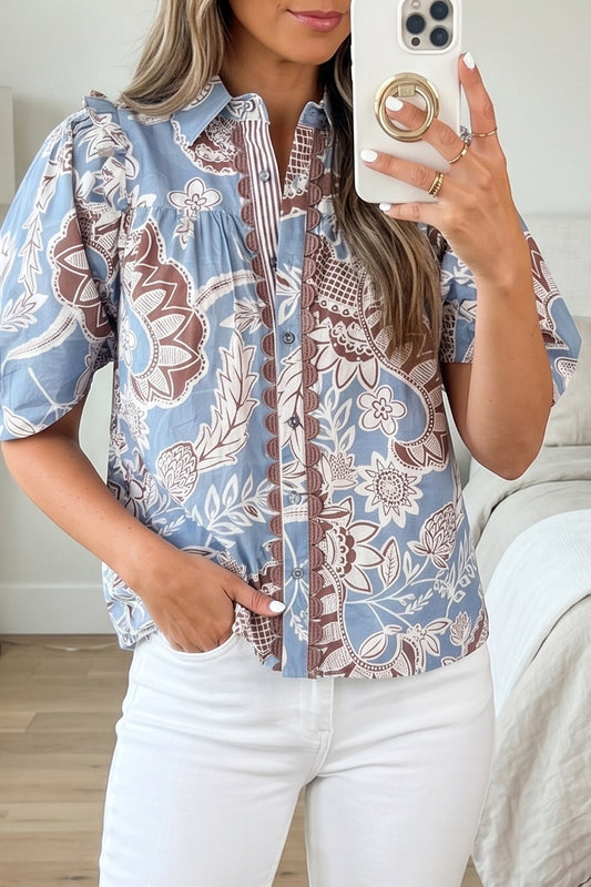 Sky Blue Boho Floral Print Scalloped Trim Button Down Short Sleeve Shirt-Tops/Blouses & Shirts-[Adult]-[Female]-Sky Blue-S-2022 Online Blue Zone Planet