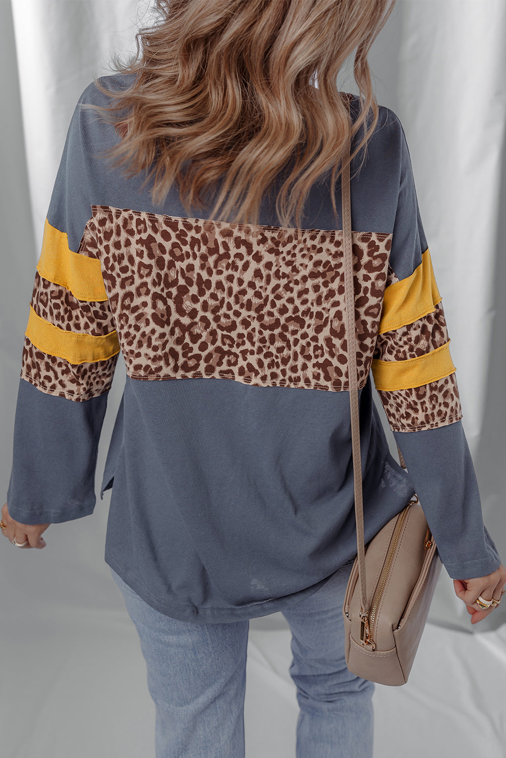Dark Blue Leopard Colorblock Patchwork Long Sleeve Drop Shoulder Top-Tops/Long Sleeve Tops-[Adult]-[Female]-2022 Online Blue Zone Planet
