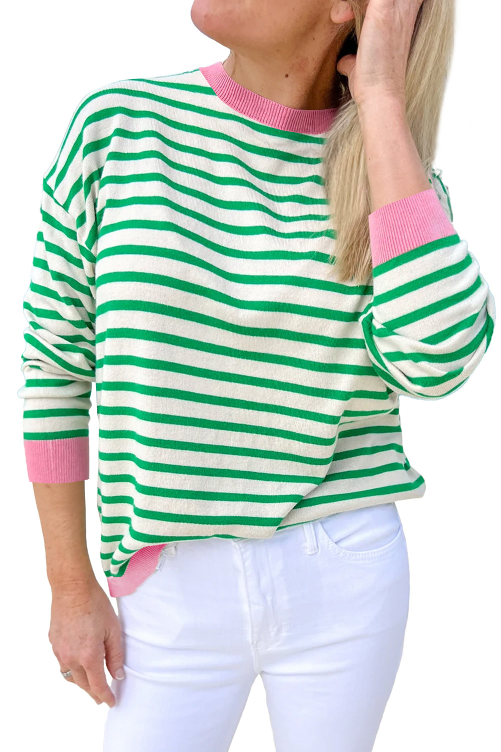 Bright Green Striped Contrast Trim Long Sleeve Top-Long Sleeve Tops-[Adult]-[Female]-2022 Online Blue Zone Planet