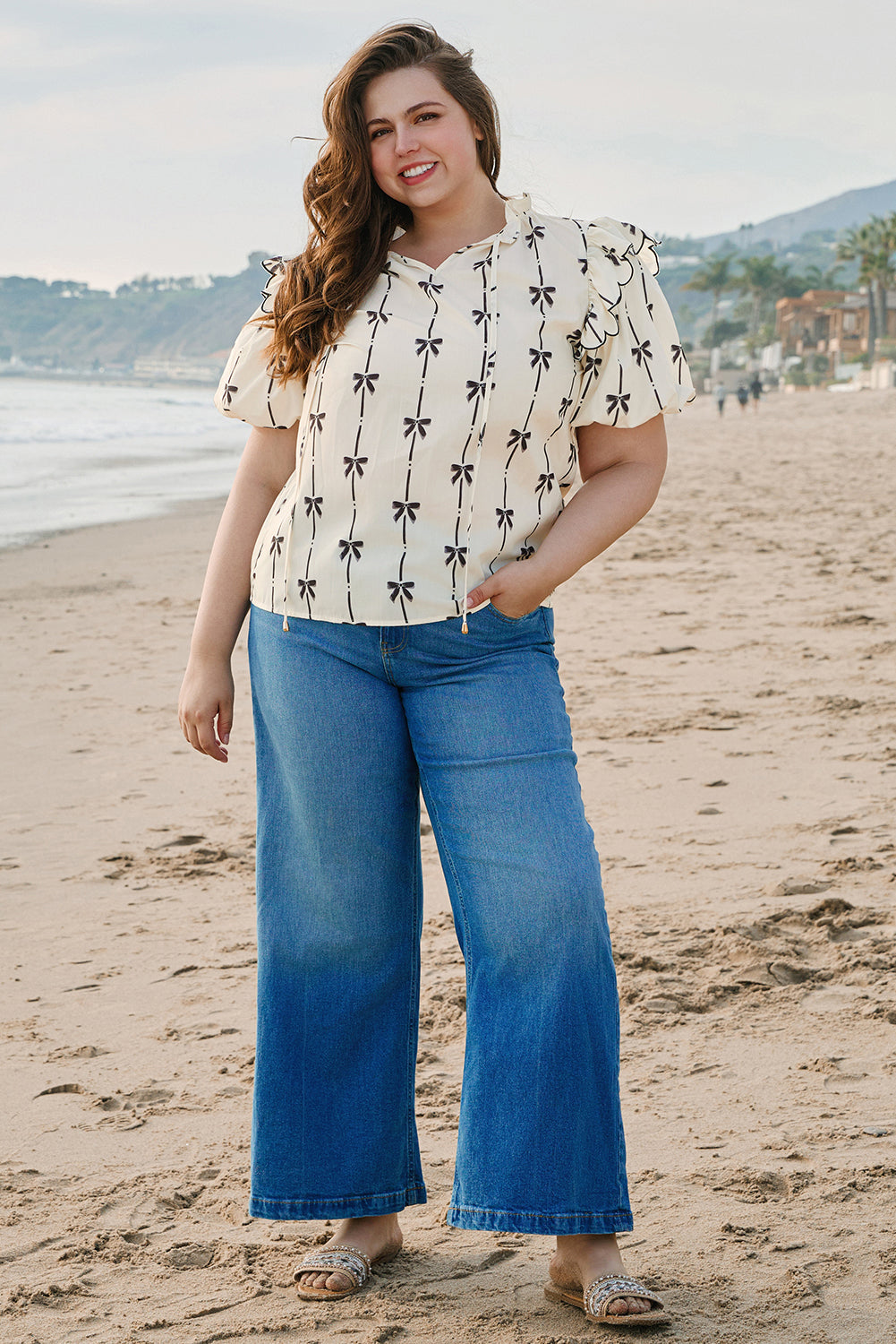 Apricot Bow Printed Ruffled Bubble Sleeve Lace-up Notched Neck Plus Size Blouse-Plus Size/Plus Size Tops/Plus Size Blouses & Shirts-[Adult]-[Female]-2022 Online Blue Zone Planet