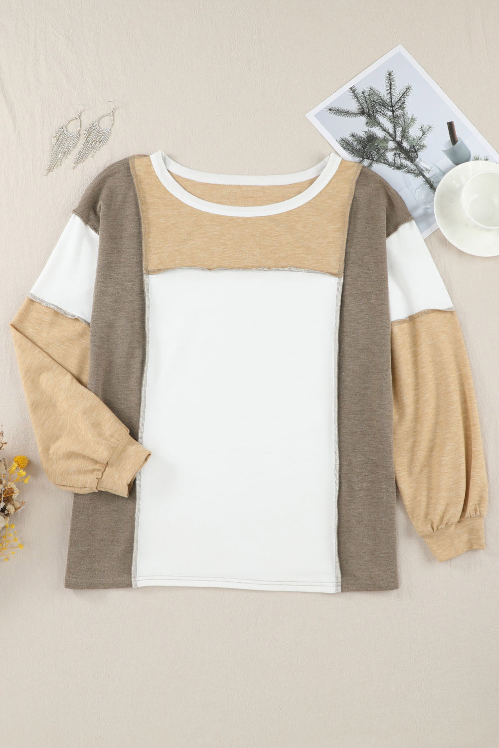 Blue Zone Planet | Exposed Seam Contrast Round Neck Long Sleeve Top-TOPS / DRESSES-[Adult]-[Female]-2022 Online Blue Zone Planet