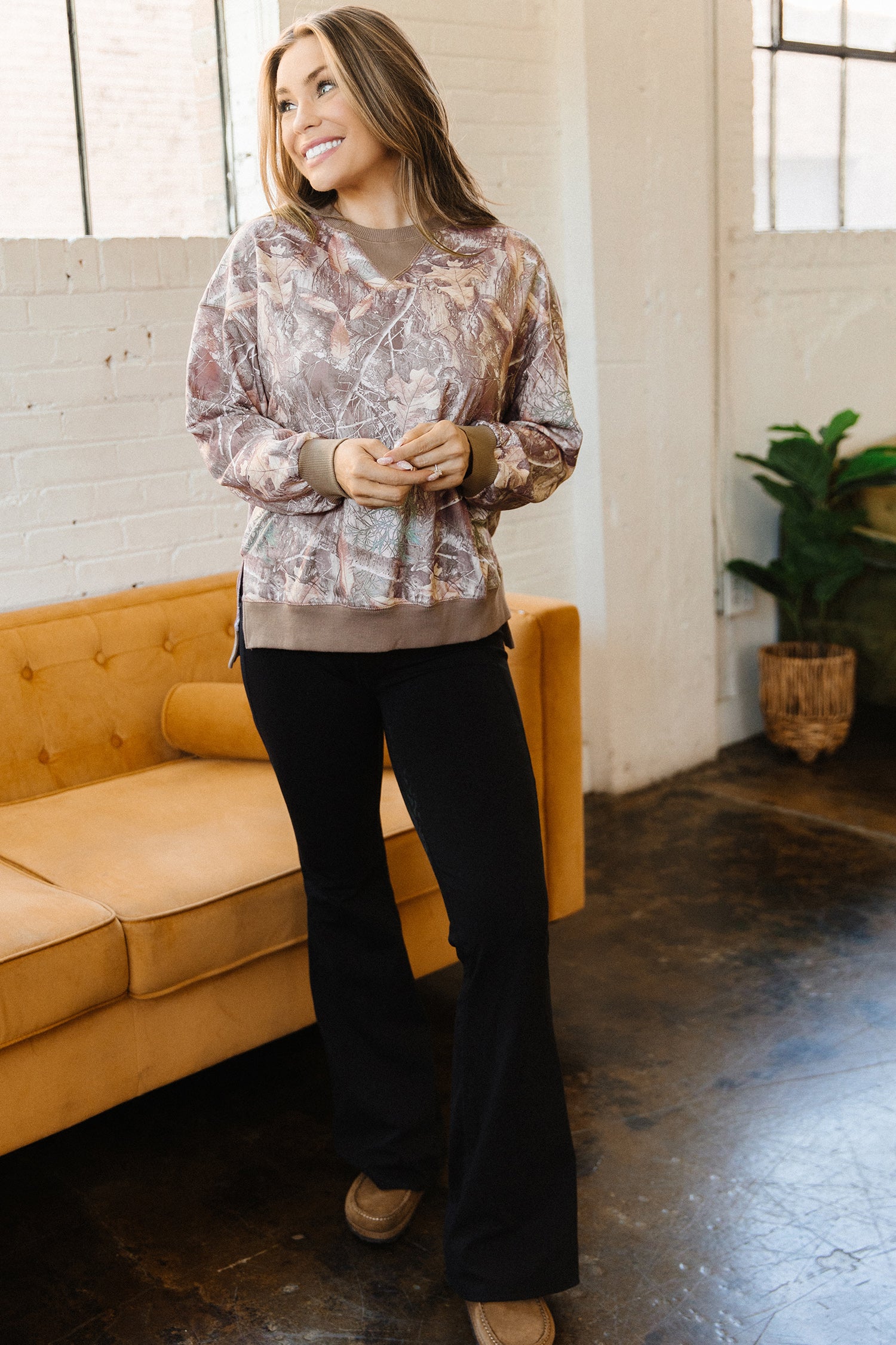 Brown Abstract Camo Print Color Block Detail Baggy Pullover Sweatshirt-Tops/Sweatshirts & Hoodies-[Adult]-[Female]-2022 Online Blue Zone Planet
