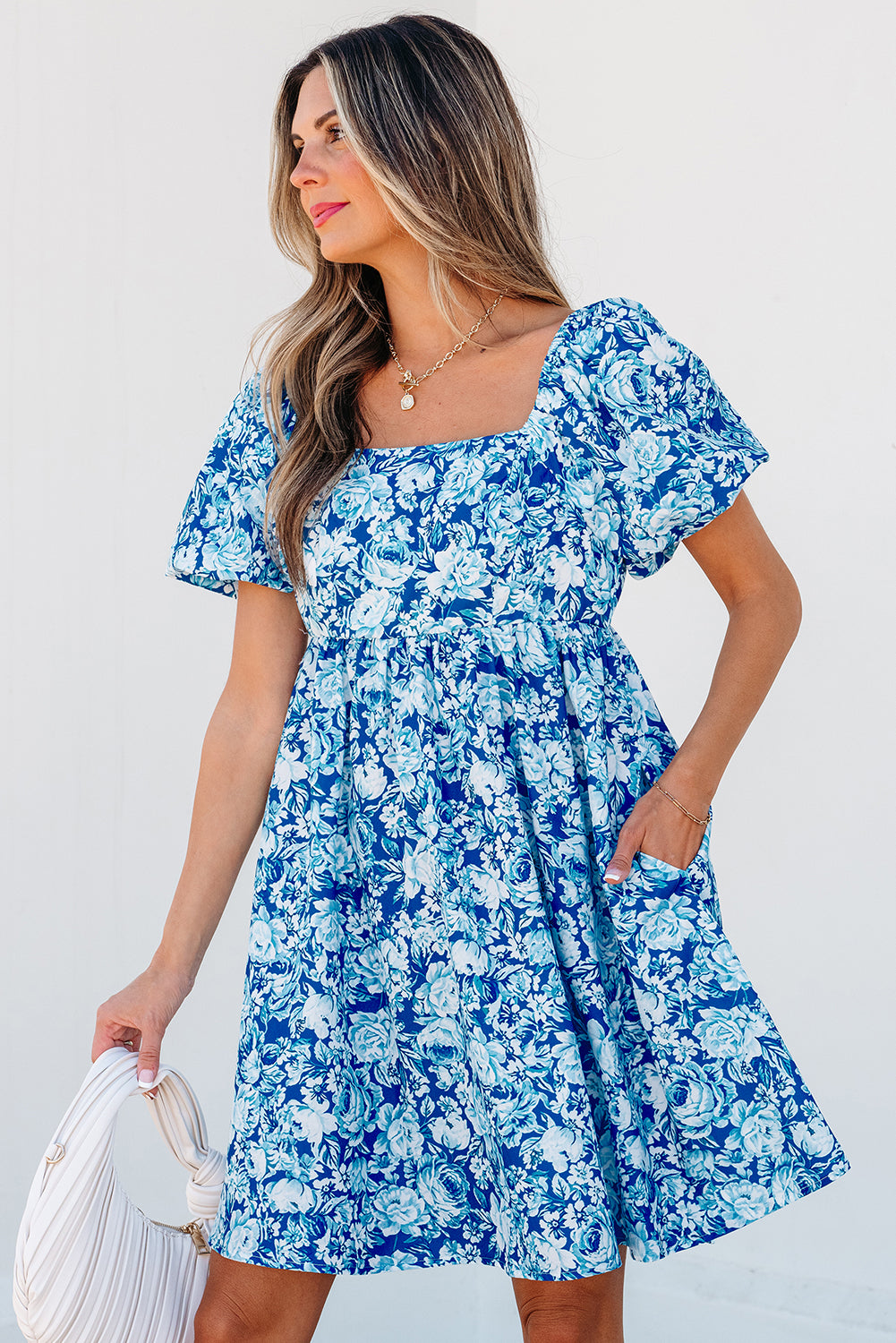 Blue Zone Planet | Blue Floral Puff Sleeve Babydoll Mini Dress-TOPS / DRESSES-[Adult]-[Female]-2022 Online Blue Zone Planet