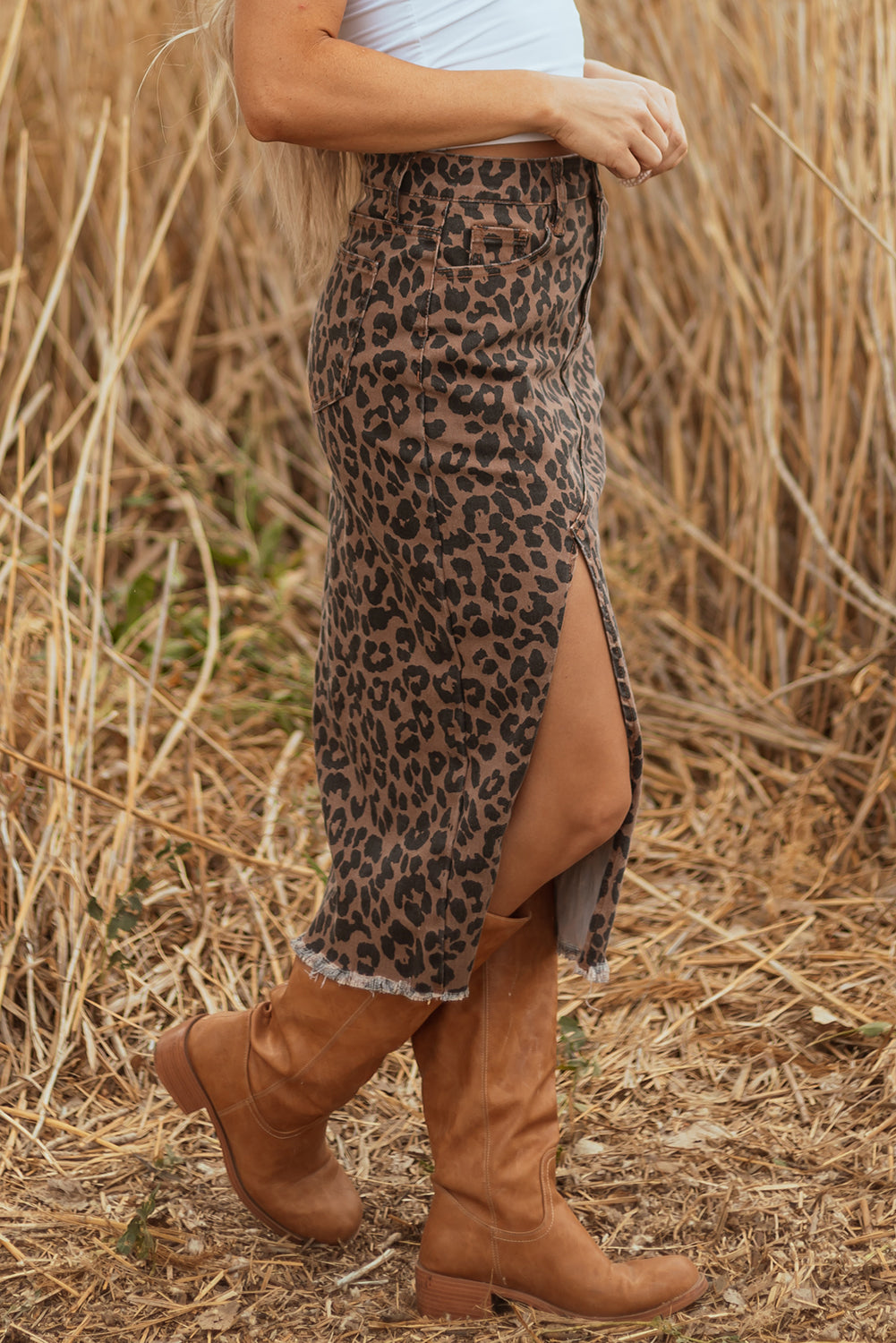Brown Leopard Denim Frayed Split Denim Midi Skirt-Bottoms/Skirts & Petticoat-[Adult]-[Female]-2022 Online Blue Zone Planet