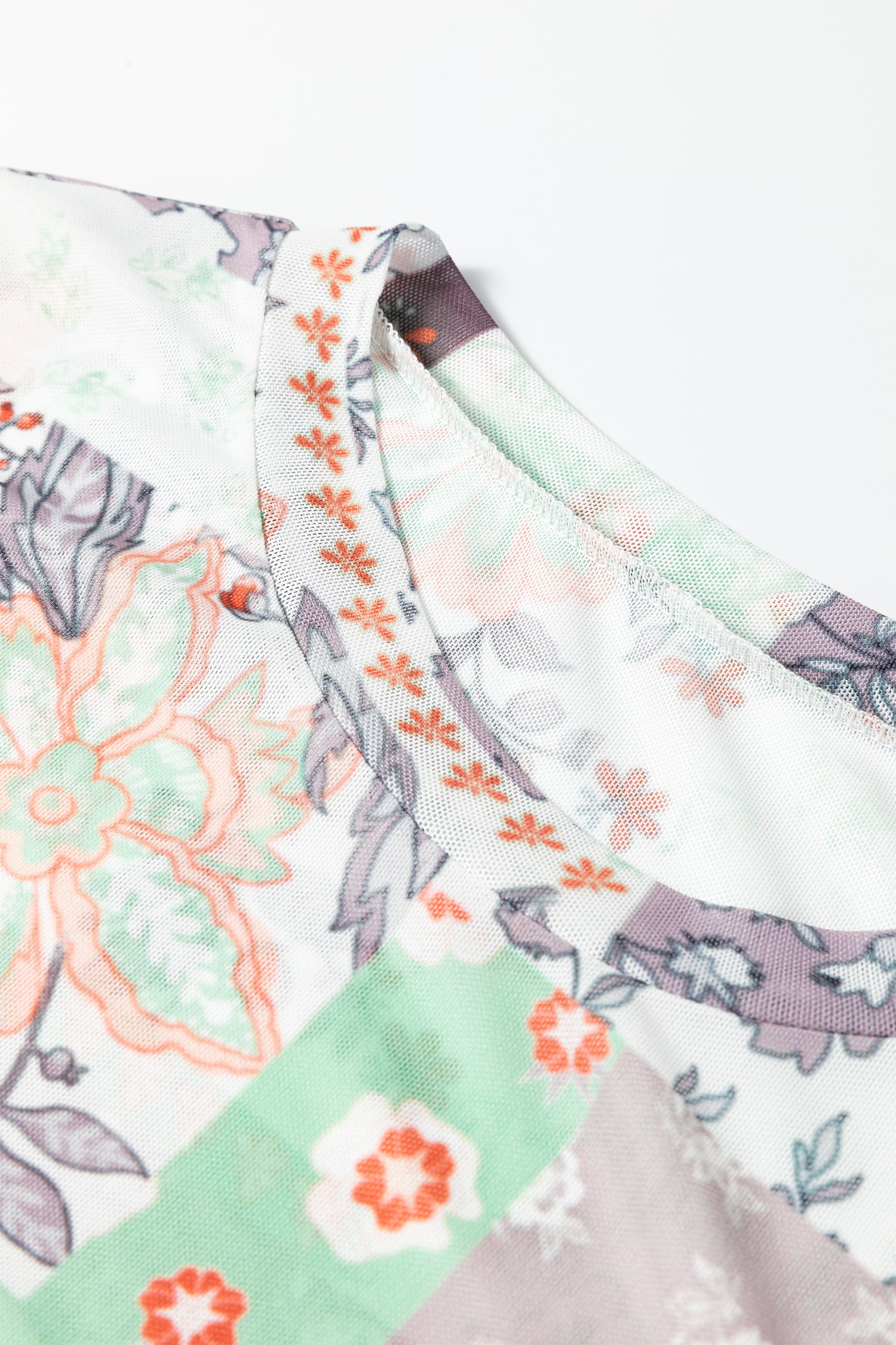 Khaki Mixed Floral Print Patchwork Mock Neck Mesh Top-Tops/Long Sleeve Tops-[Adult]-[Female]-2022 Online Blue Zone Planet