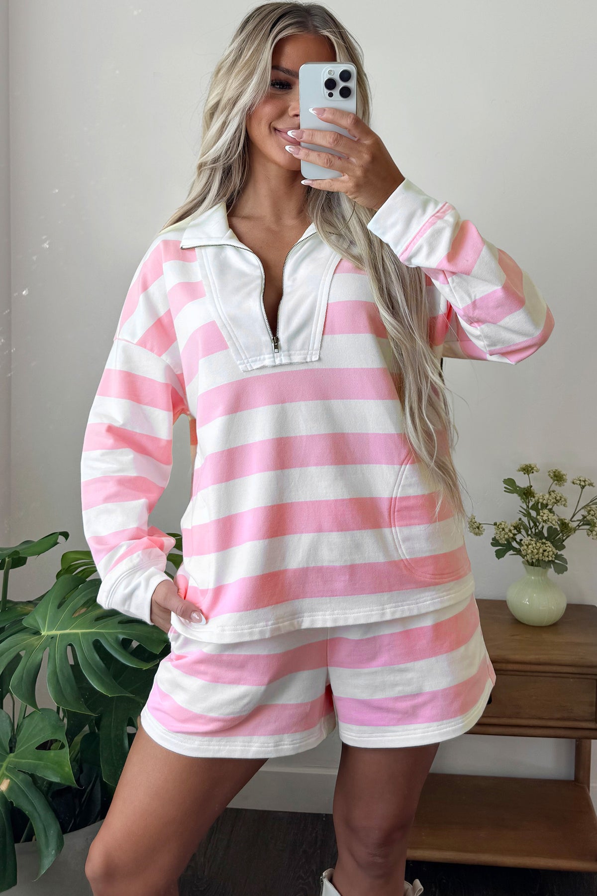 Pink Stripe Patchwork Zipper Pullover Elastic Waist Shorts 2pcs Set-Two Piece Sets/Short Sets-[Adult]-[Female]-2022 Online Blue Zone Planet